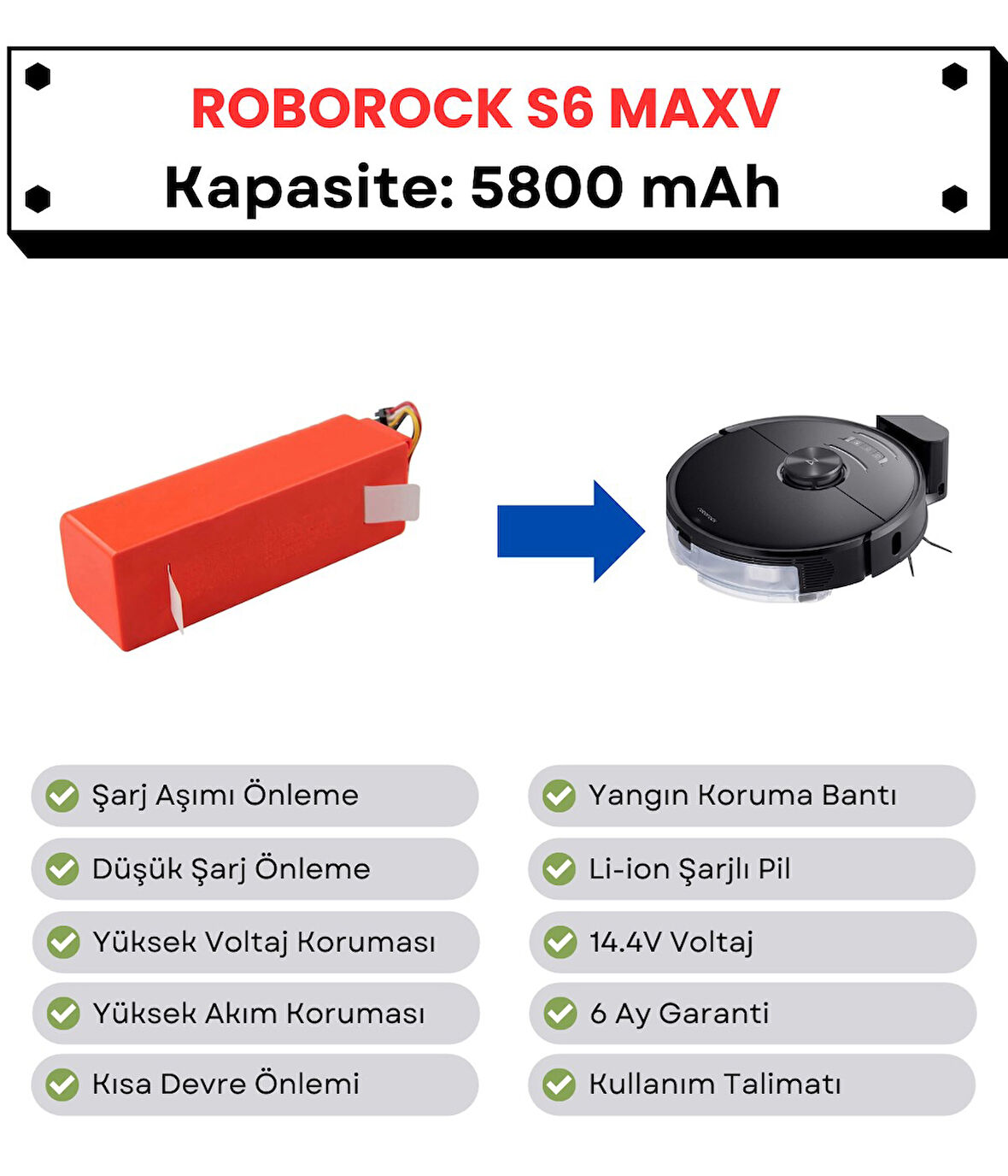 Roborock S6 MaxV Uyumlu Batarya 14.4V 5800 mAh Robot Süpürge Pili