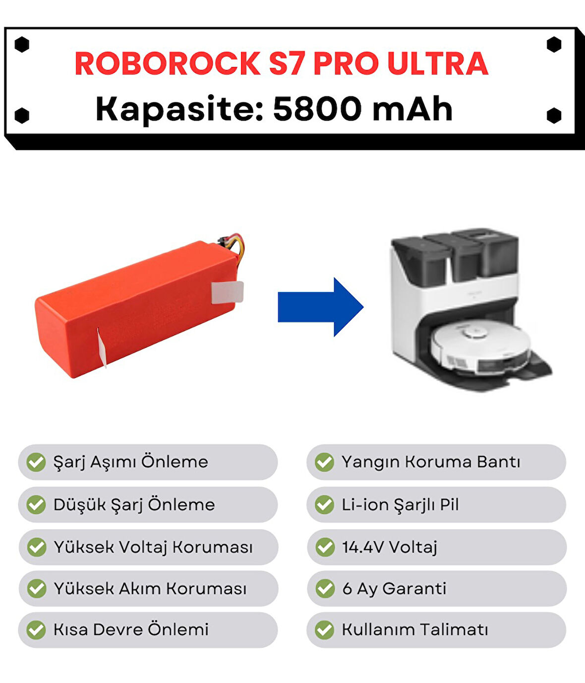 Roborock S7 Pro Ultra  Uyumlu Batarya 14.4V 5800 mAh Robot Süpürge Pili