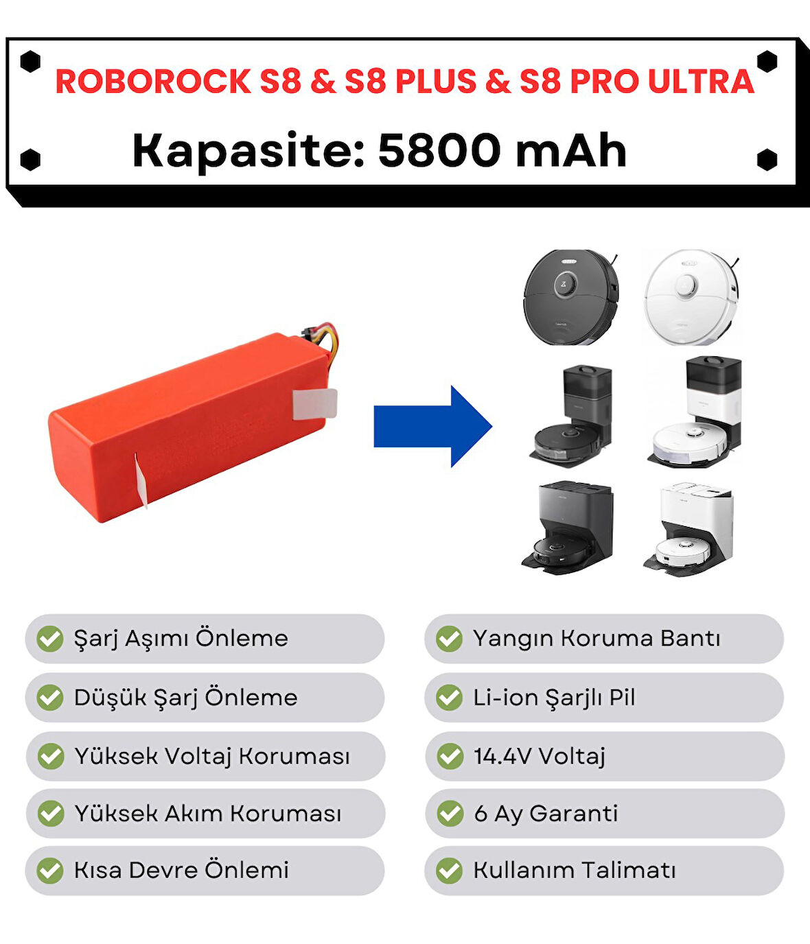 Roborock S8 & S8 Plus & S8 Pro Ultra Uyumlu Batarya 14.4V 5800 mAh Robot Süpürge Pili