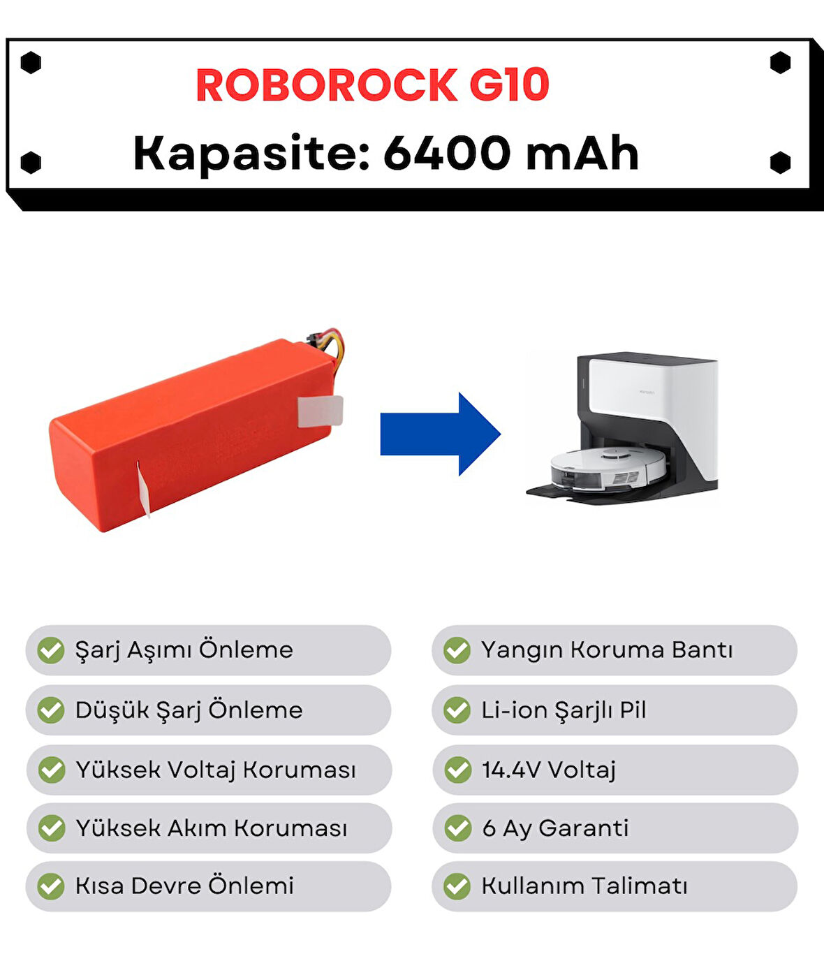 Roborock G10 Uyumlu Batarya 14.4V 6400 mAh Robot Süpürge Pili