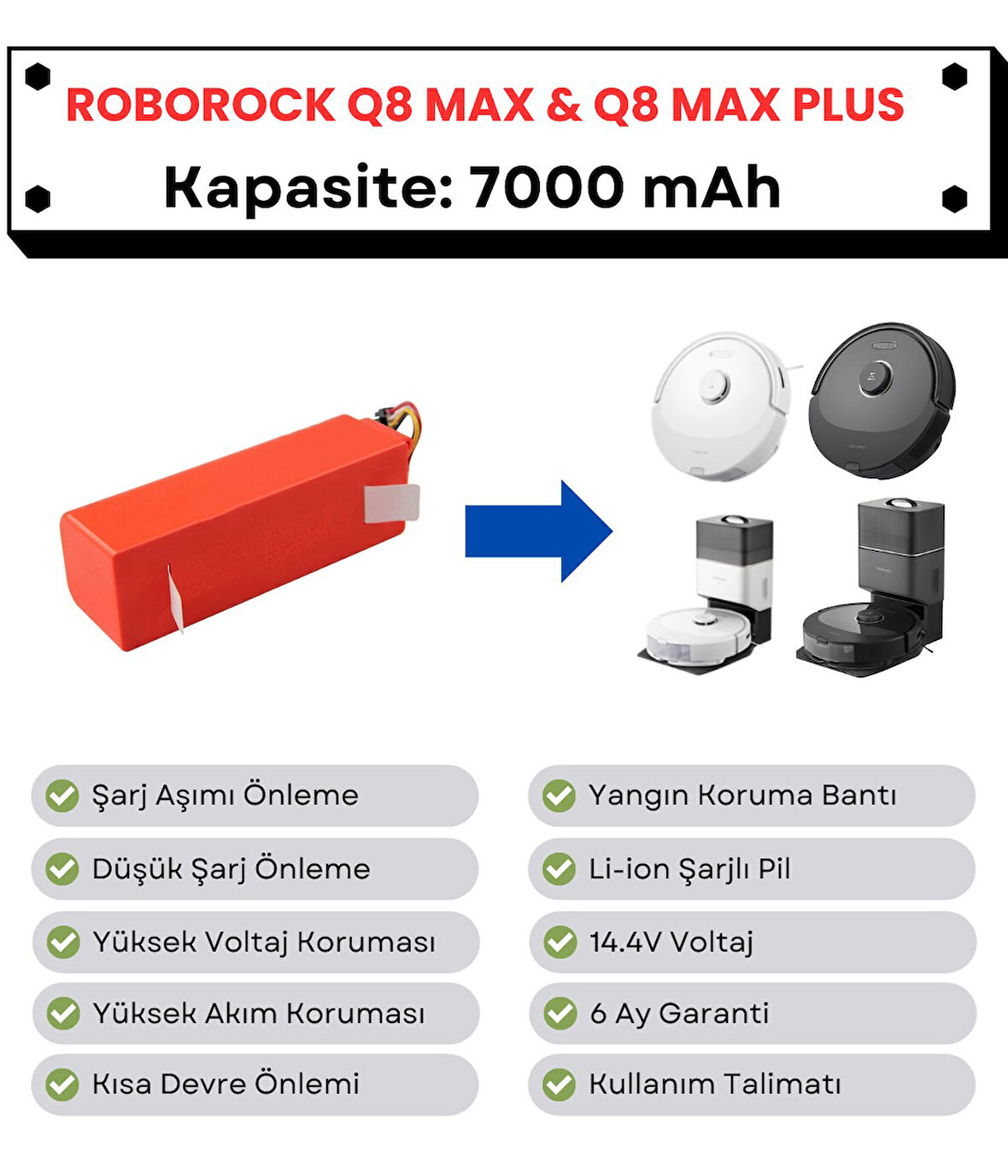 Roborock Q8 Max & Q8 Max Plus Uyumlu Batarya 14.4V 7000 mAh Robot Süpürge Pili