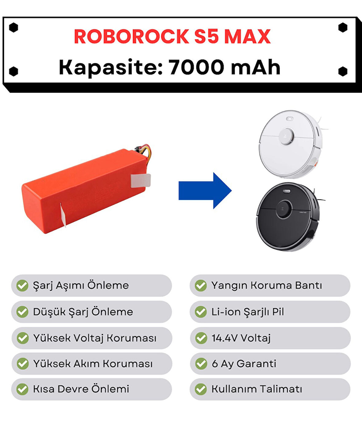 Roborock S5 Max Uyumlu Batarya 14.4V 7000 mAh Robot Süpürge Pili