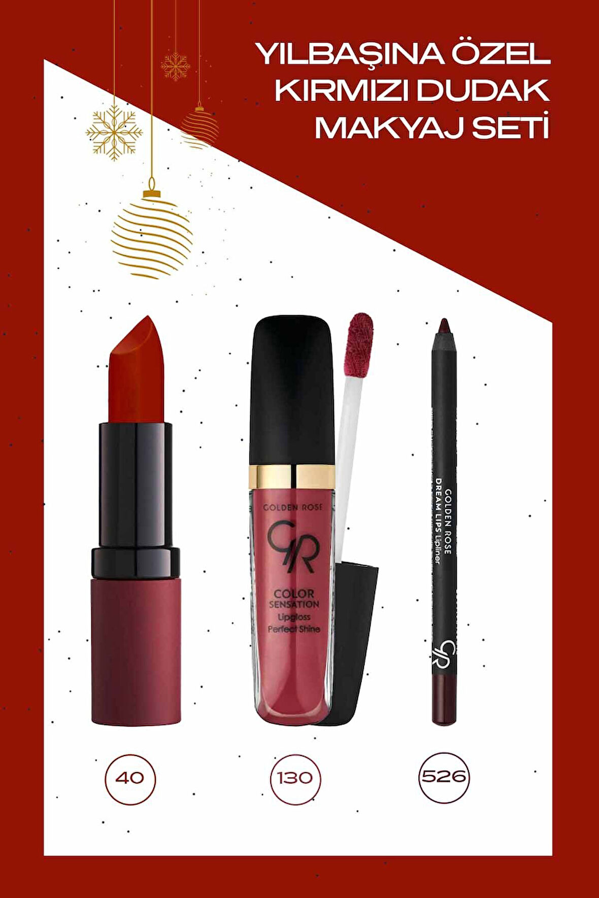 Yılbaşı Özel Kırmızı Dudak Makyaj Seti - Dudak Kalemi + Ruj + Lipgloss