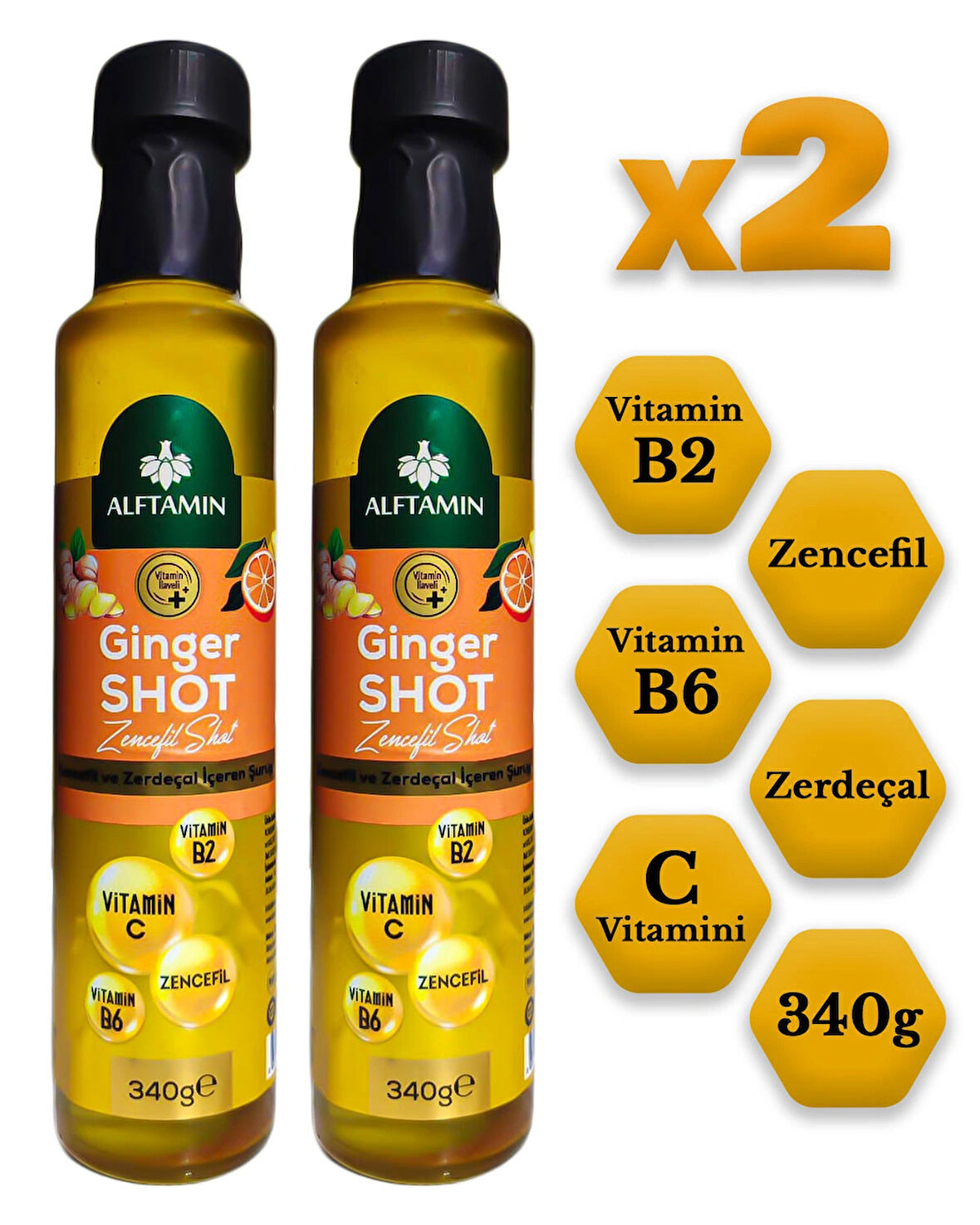 Ginger Shot - Vitamin B2, Vitamin B6, C Vitamini, Zencefil ve Zerdeçal İçeren Şurup x2 Adet