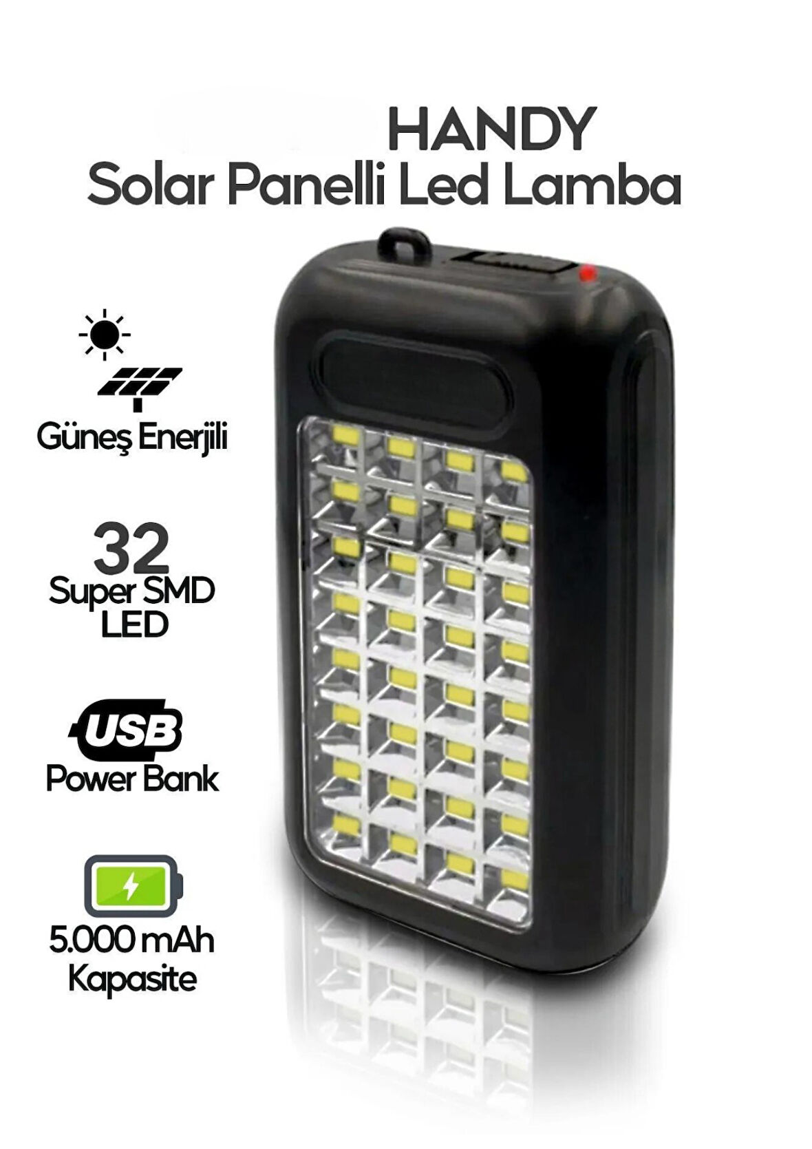 Güneş Panelli Handy Power Bank Özellikli Fener Işıldak 32 Süper Smd Ledli El Feneri Ev Kamp Outdoor Aydınlatma