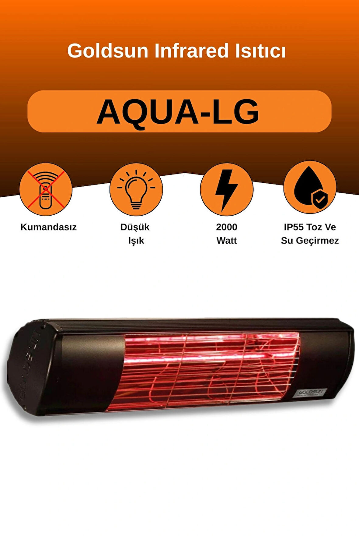 Goldsun Aqua 2000 Watt GSA20LG Düşük Işıklı Kumandasız Suya Dayanıklı Elektrikli İnfrared Isıtıcı-Siyah