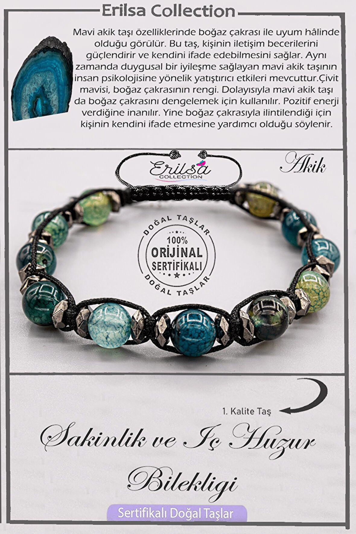 Sertifikalı AAA+ Doğal Terahertz - Mavi Akik - Sakinlik ve İç Huzur Bilekliği