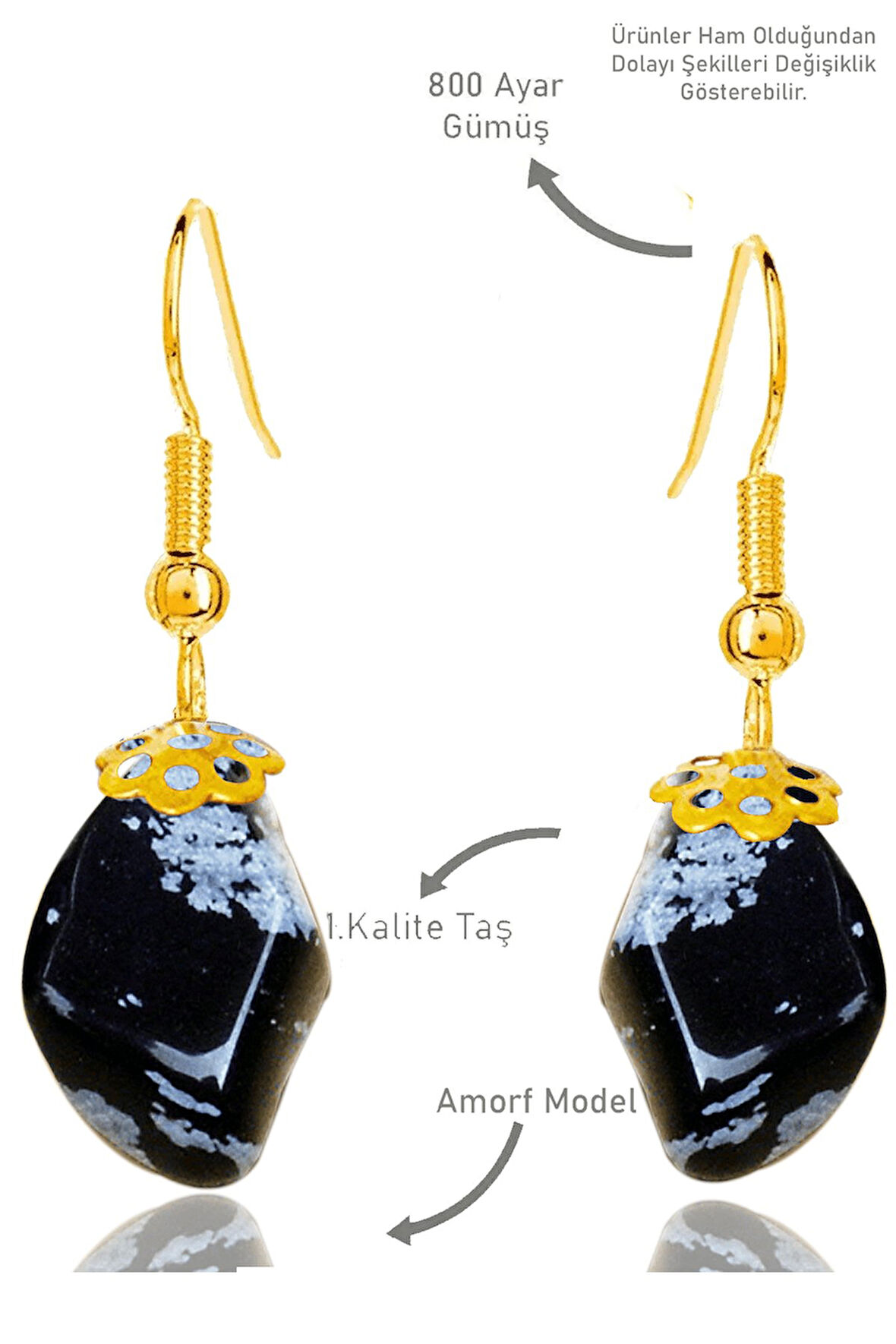 Sertifikalı Amorf Model Ham Karlı Obsidyen Taşı Küpe - Gold Renkli