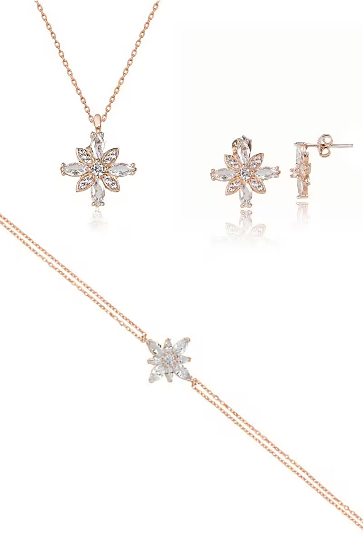 Madam Matmazel Zarif Umut Çiçeği Desenli 925 Ayar Gümüş Takı Seti, Kadın, Kolye Bileklik Küpe, 3 Parça, Hediye Kutulu