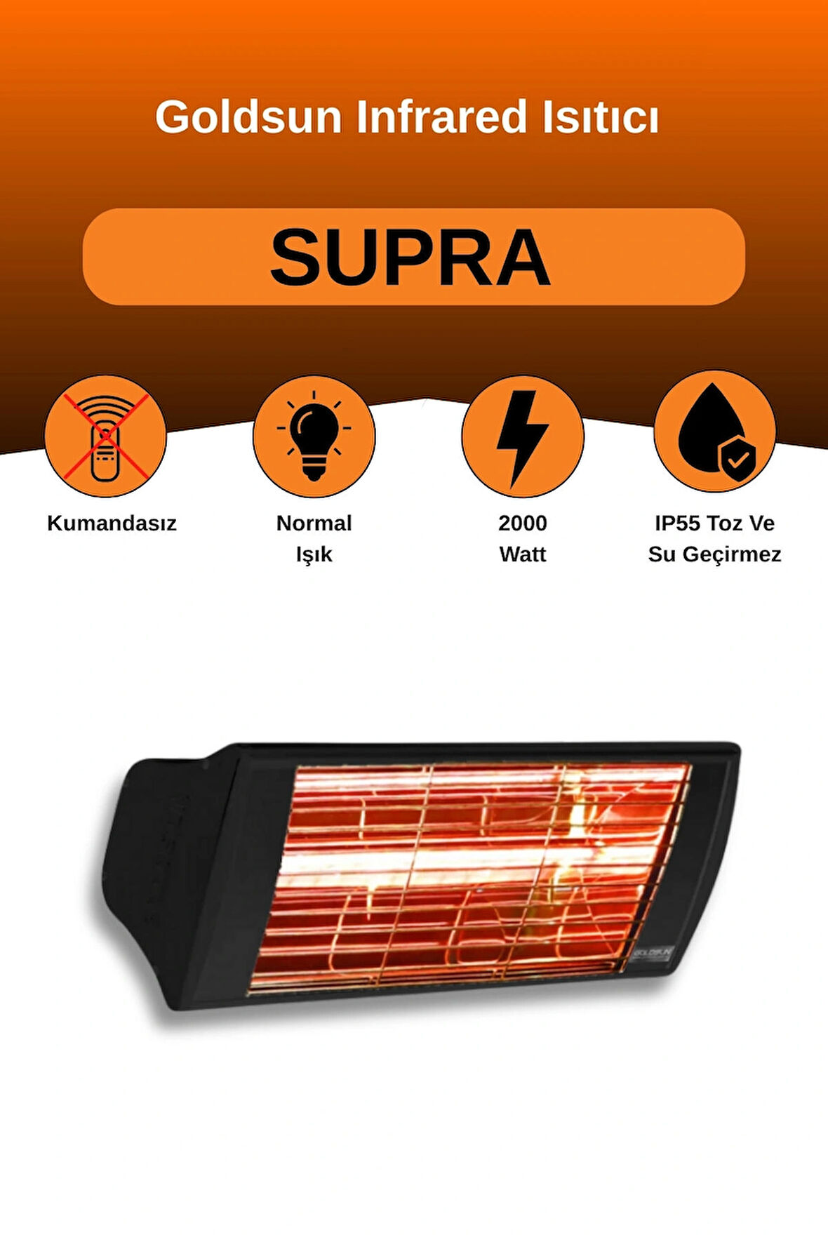 Goldsun Supra 2000 Watt GSS20 Kumandasız Suya Dayanıklı Elektrikli İnfrared Isıtıcı-Siyah