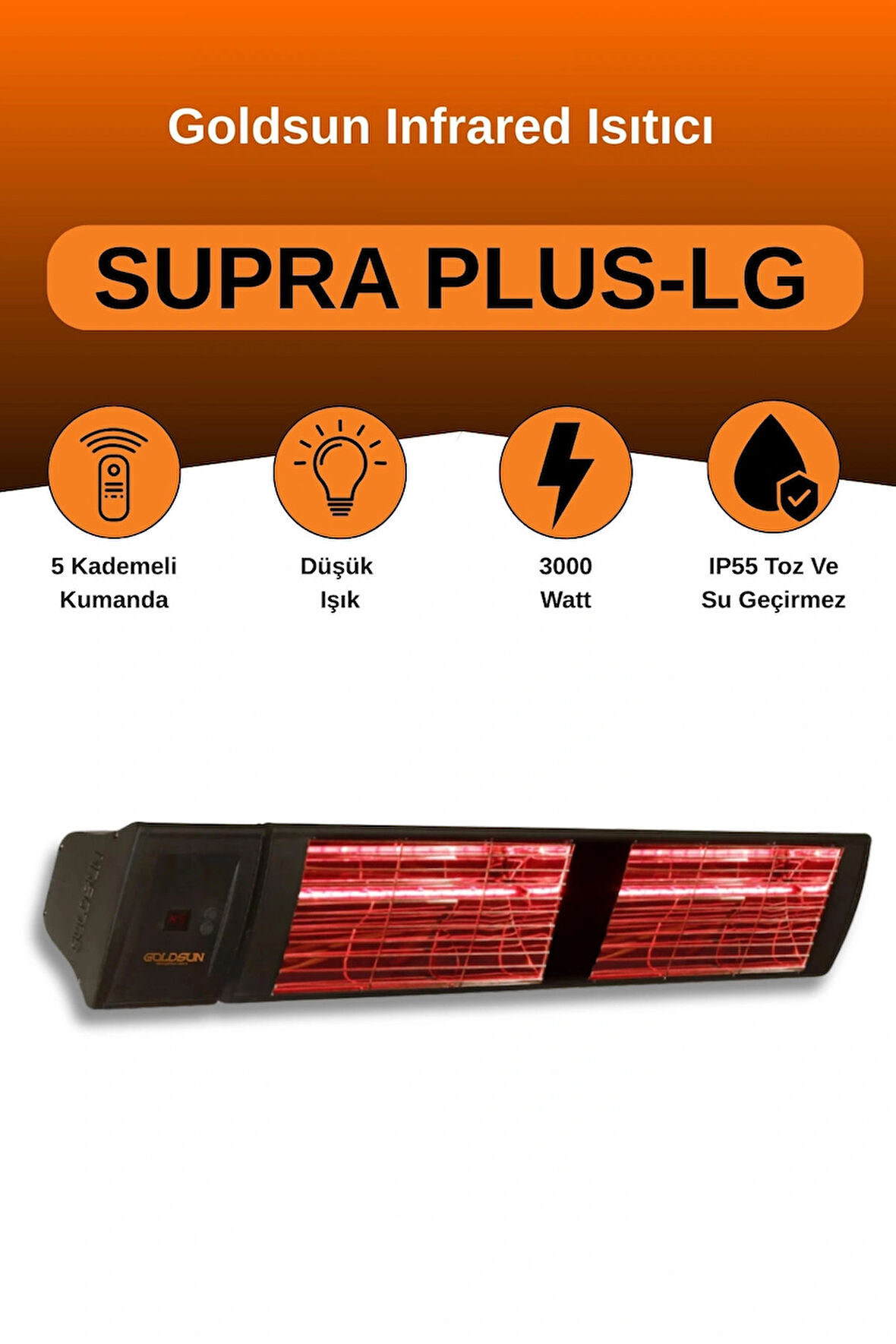 Goldsun Supra Plus 3000 Watt GSS30PLG Düşük Işık Kumandalı Suya Dayanıklı Elektrikli İnfrared Isıtıcı-Siyah