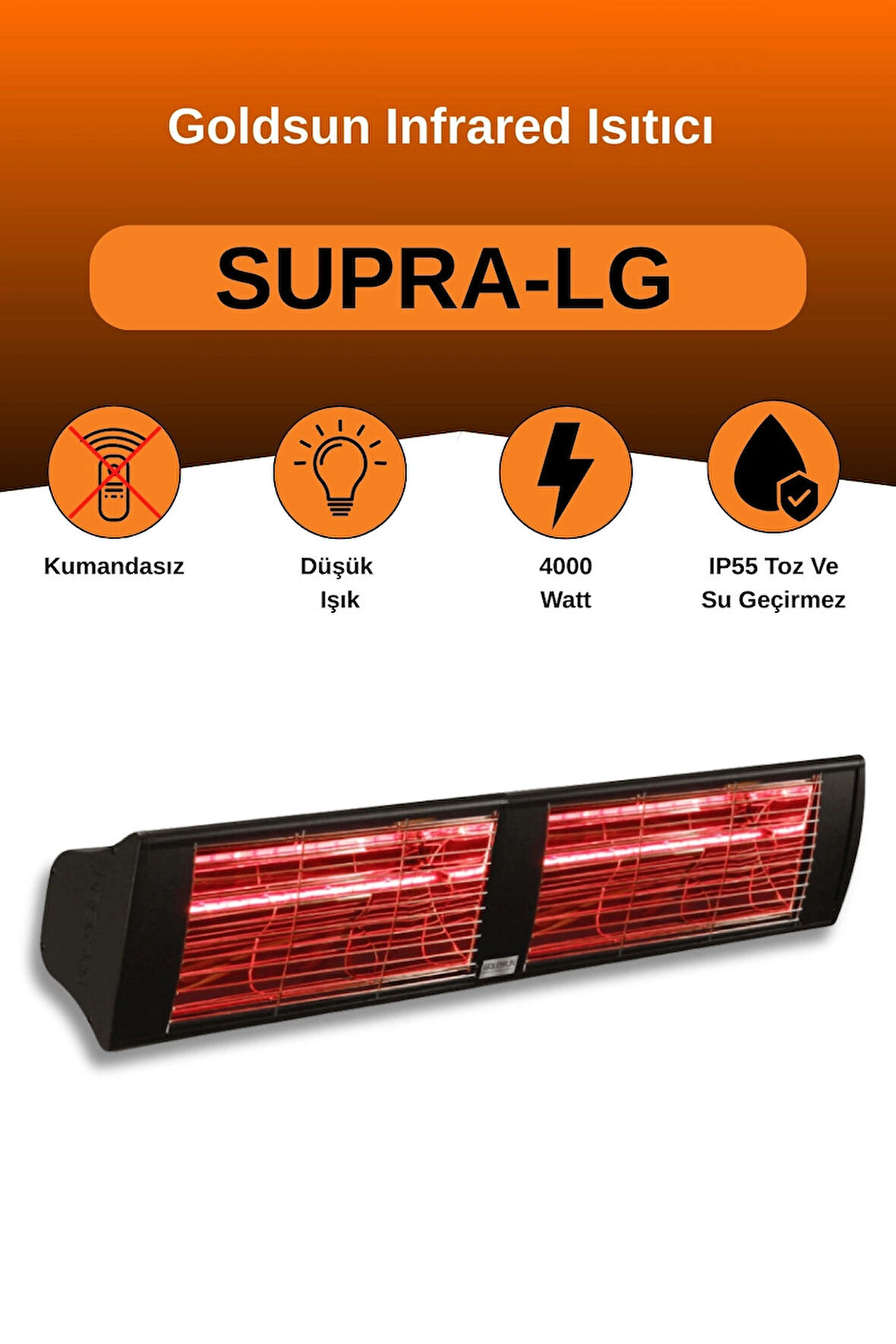 Goldsun Supra 4000 Watt GSS40LG Düşük Işıklı Kumandasız Suya Dayanıklı Elektrikli İnfrared Isıtıcı-Siyah