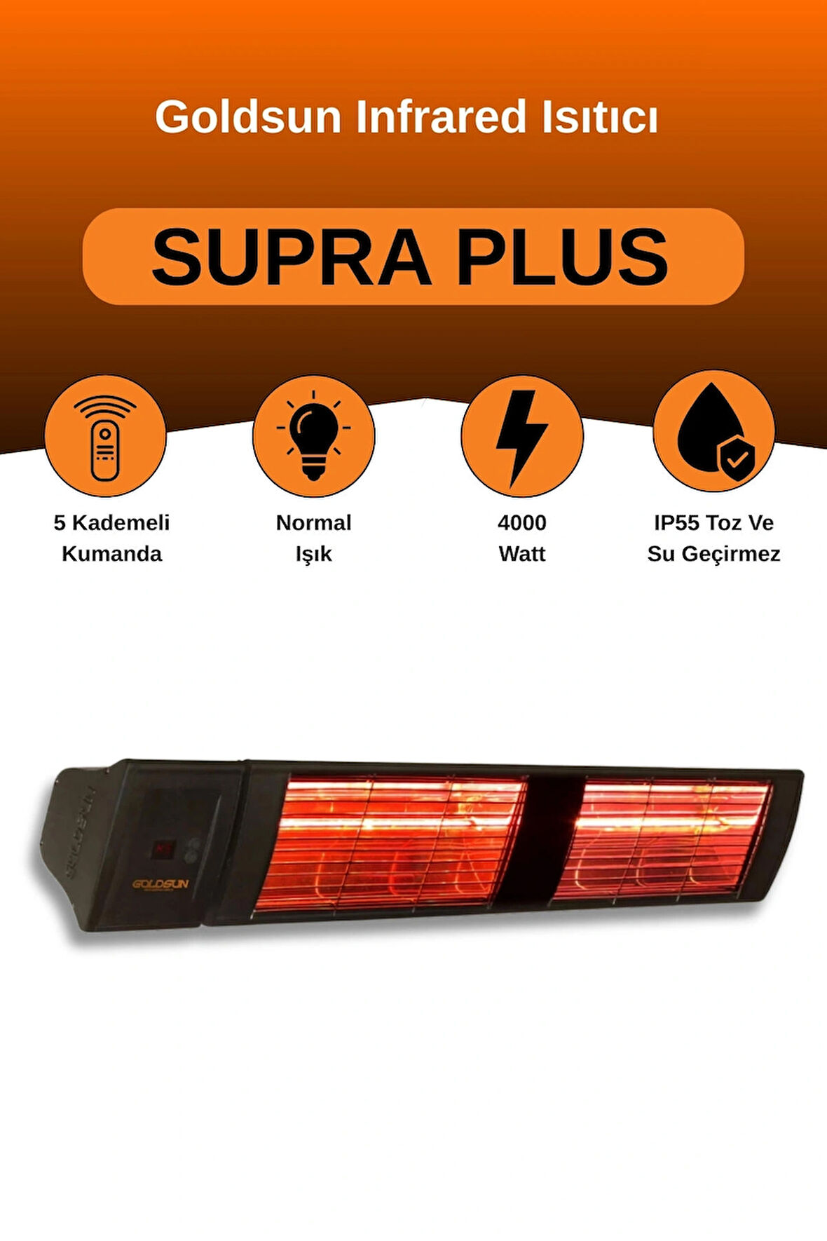 Goldsun Supra Plus 4000 Watt GSS40P Kumandalı Suya Dayanıklı Elektrikli İnfrared Isıtıcı-Siyah