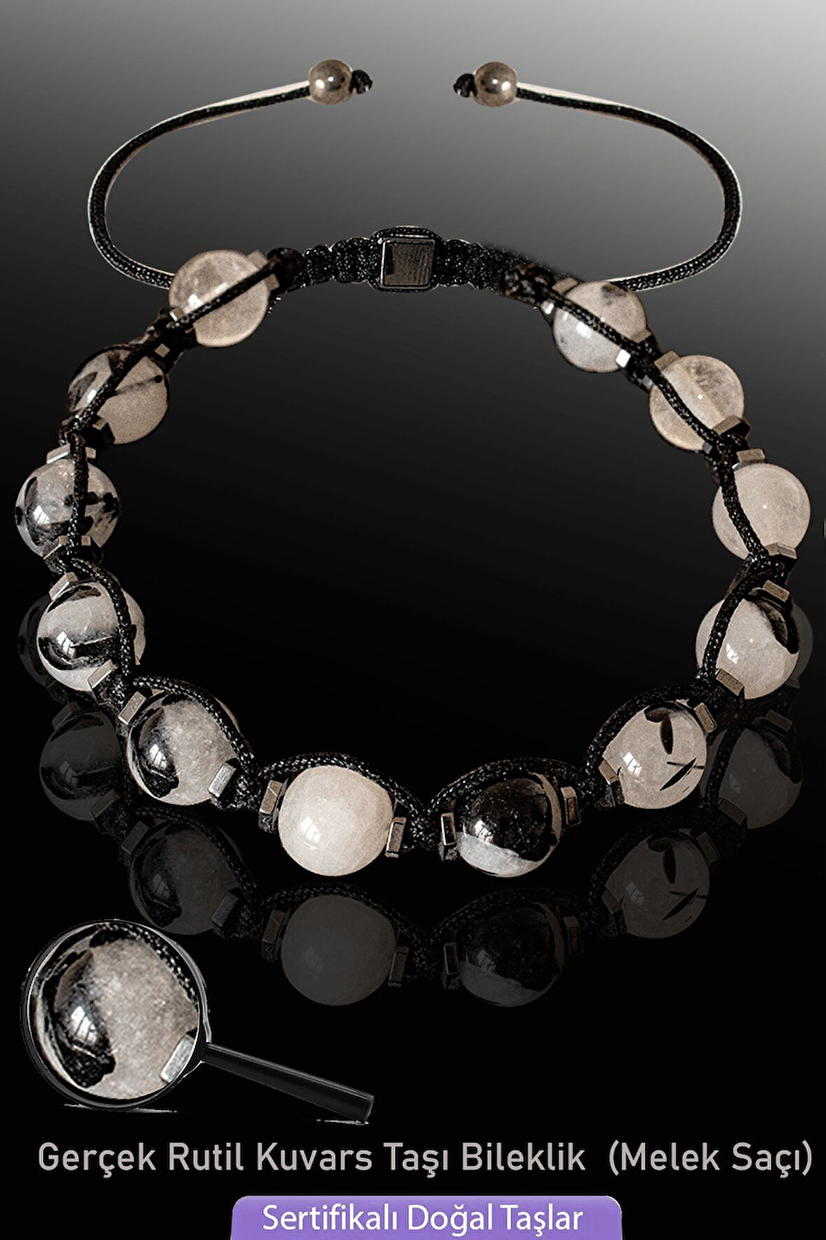Sertifikalı Makrome Hematitli Gerçek Rutil Kuvars Taşı Bileklik - Melek Saçı