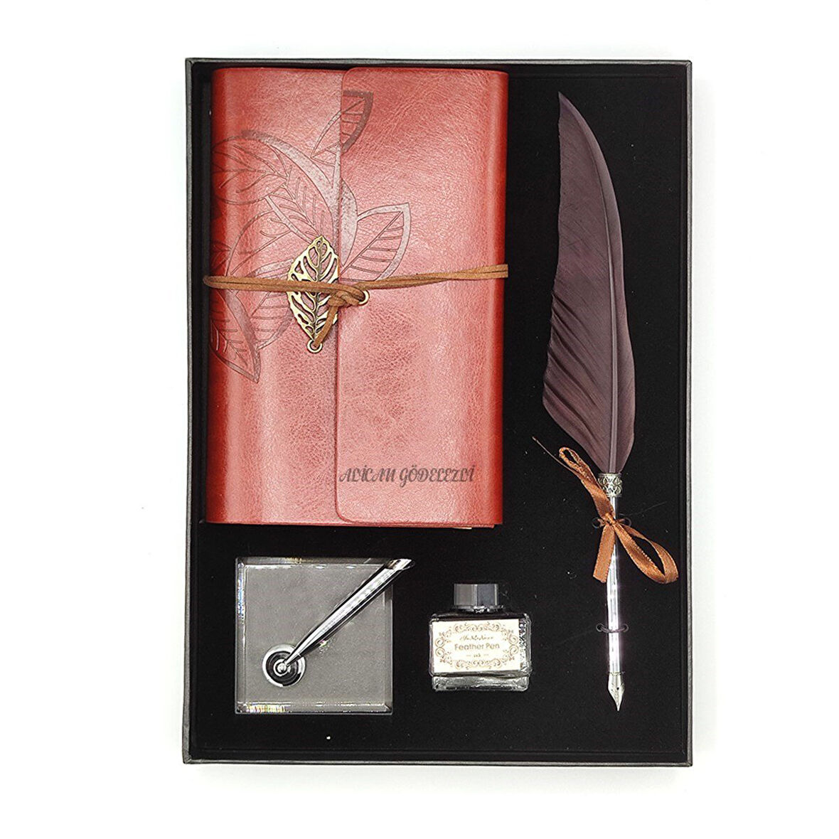 Kişiye Özel  Kutulu  Divit Kalem ve Deri Kaplı Anı Defteri