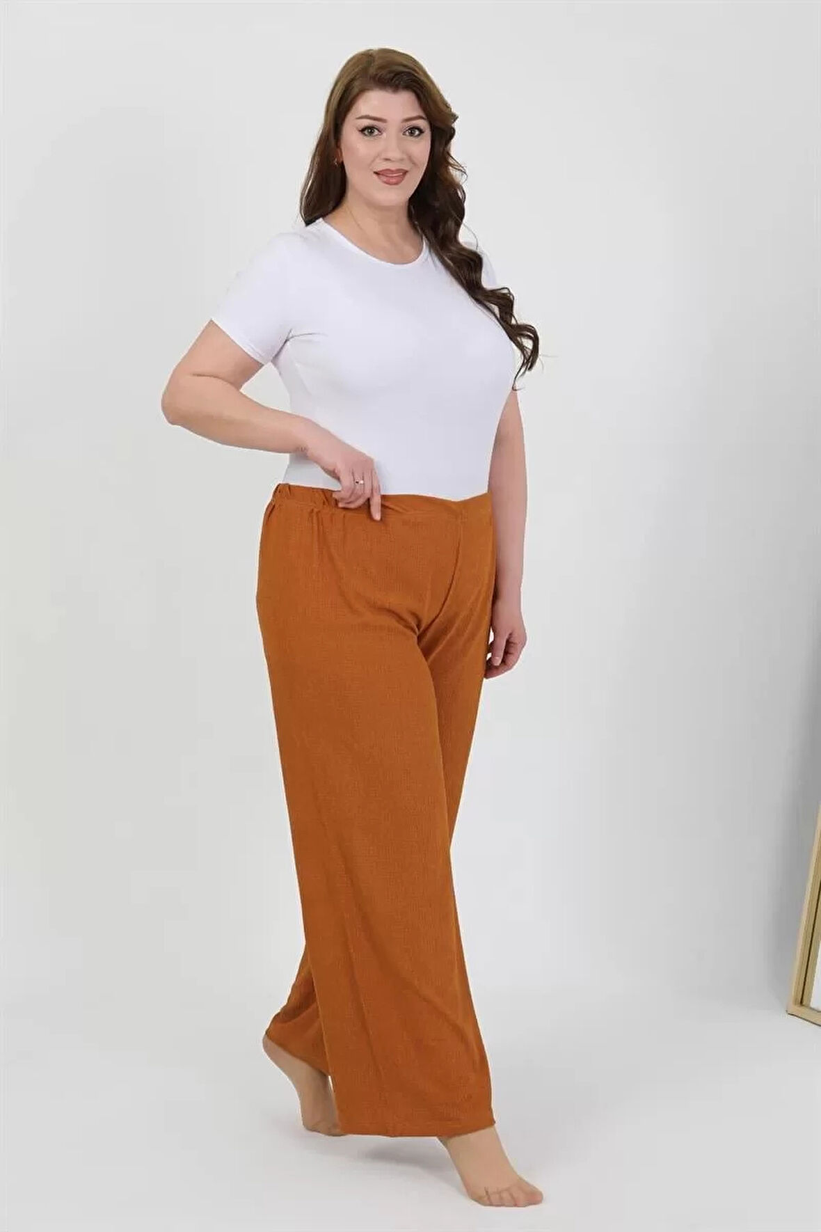 Moda Kadın Büyük Beden Bürümcük Pantolon Kremit