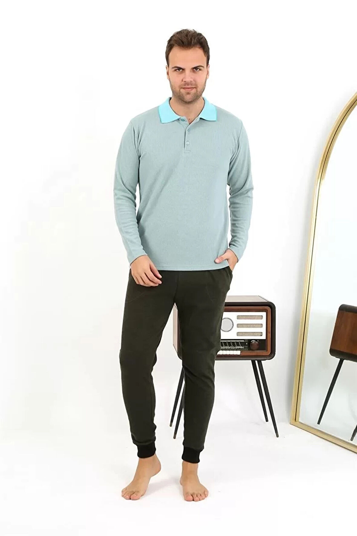 Moda Erkek Polo Yaka Uzun Kol Penye Pijama Takımı Su Yeşili