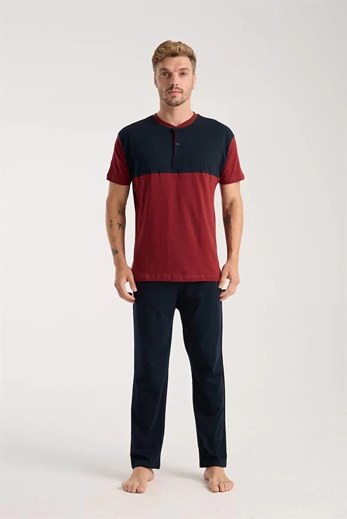 Moda Erkek Bordo Düğmeli Yaka Kısa Kol Pijama Takımı