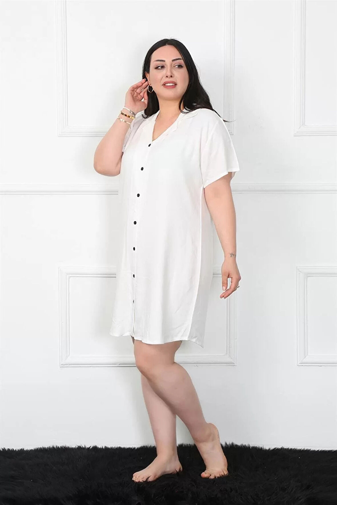 Moda Büyük Beden Dokuma Düğmeli Beyaz Tunik Gecelik