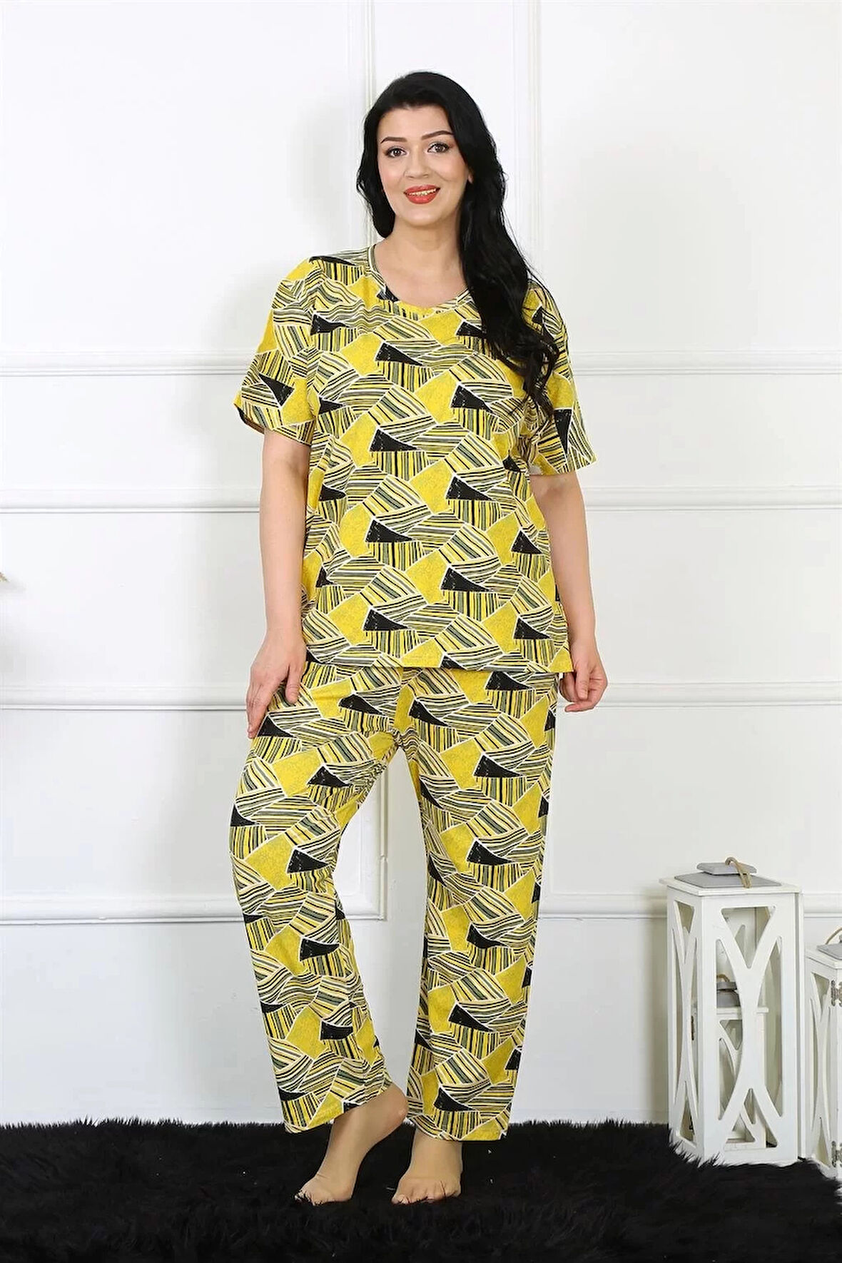 Moda Kadın 5XL-6XL-7XL-8XL Büyük Beden Kısa Kol Pijama Takım Sarı