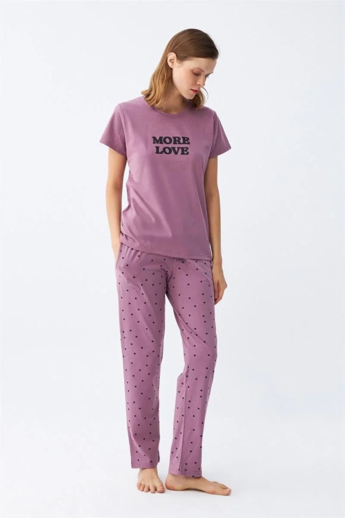 Moda Kadın Mor Yıldız Desenli Penye Kısa Kol Pijama Takımı