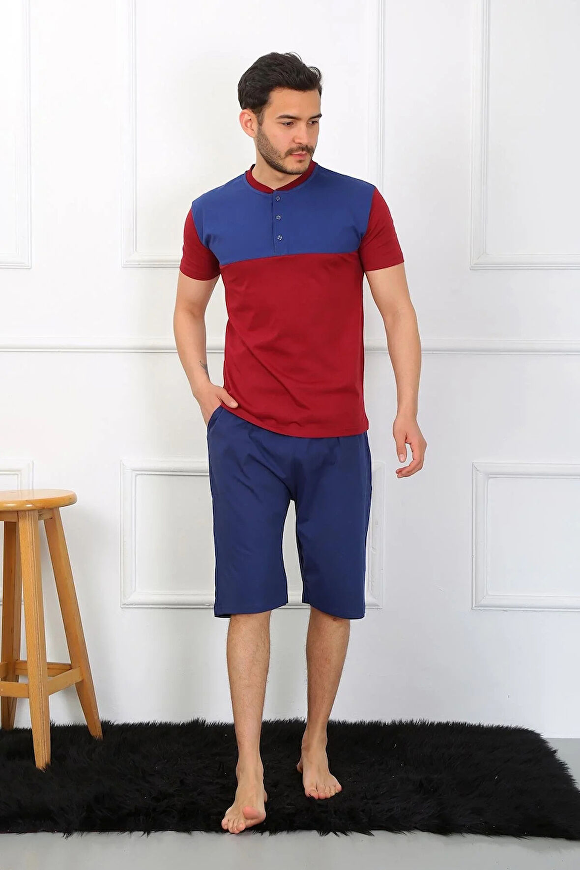 Moda Erkek Penye 3'lü Parlamentmavi Parçalı Pijama Takımı