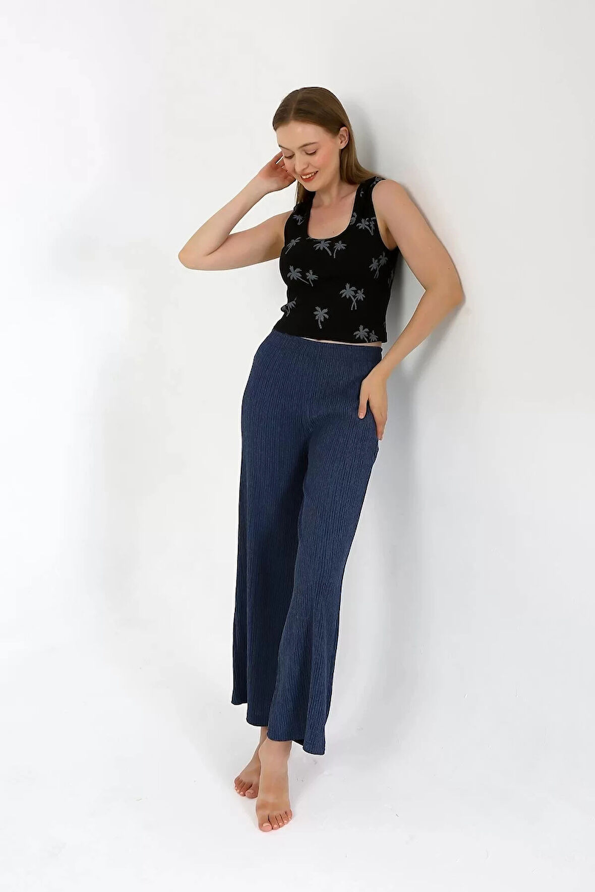 Moda Kadın Kalın Askılı Body Bol Paça Pantolon 2`li Takım Siyah