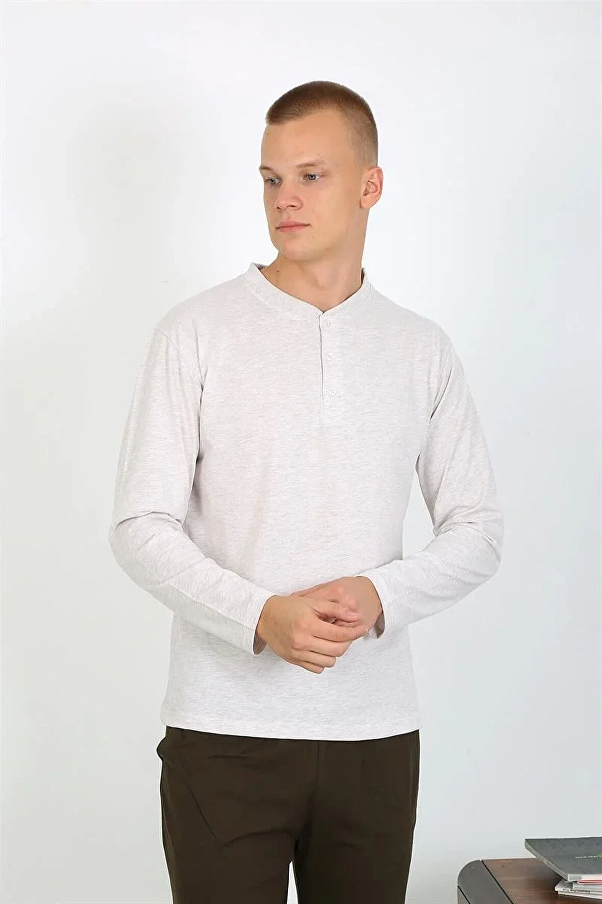 Moda Erkek Penye Uzun Kol Pijama Takımı Ekru