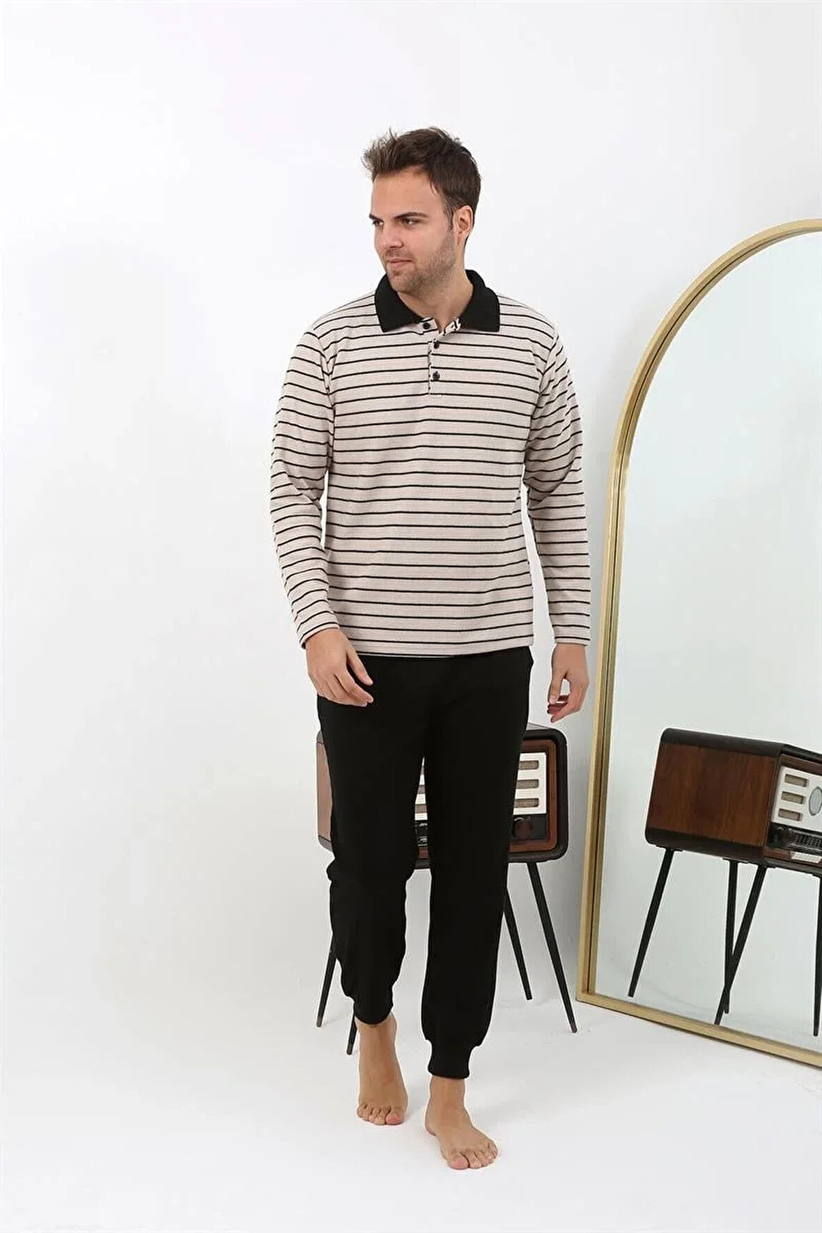 Moda Erkek Polo Yaka Uzun Kol Penye Pijama Takımı Krem