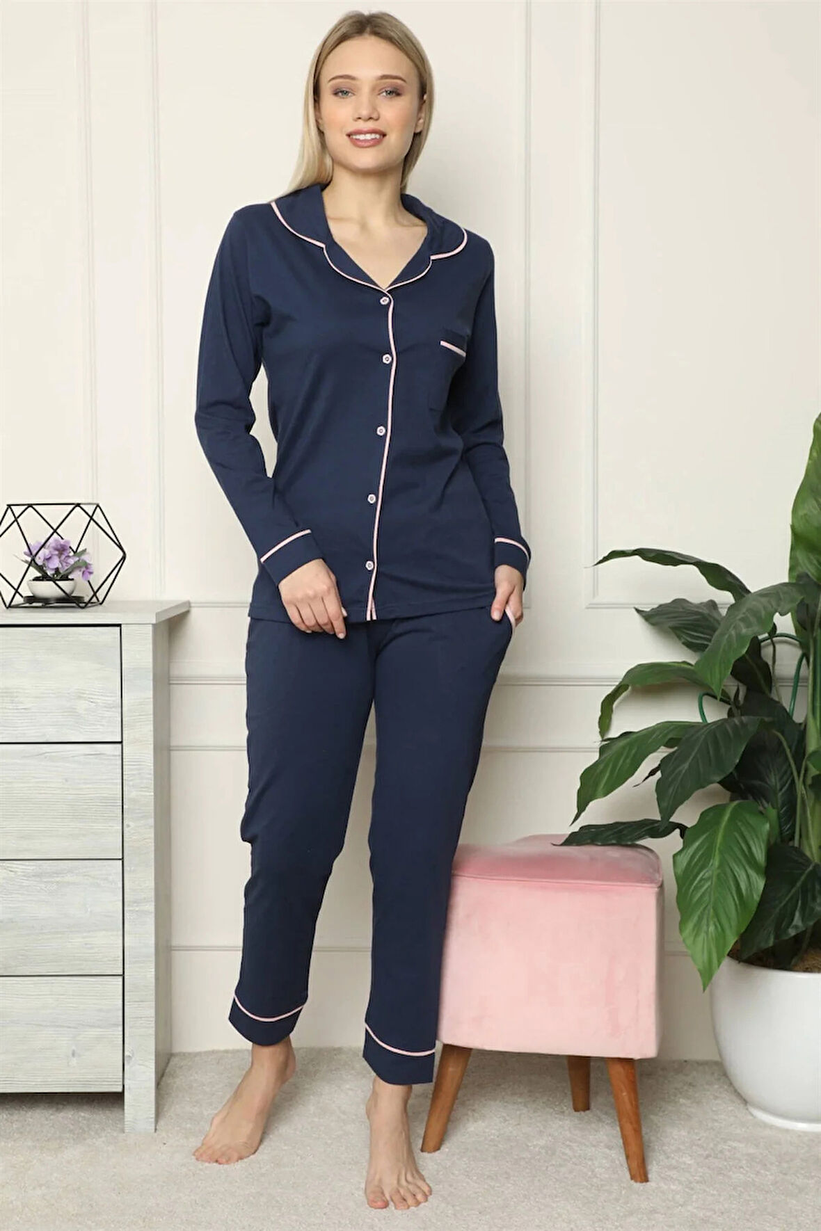 Moda Kadın %100 Pamuk Penye Önden Düğmeli Uzun Kol Pijama Takım Lacivert