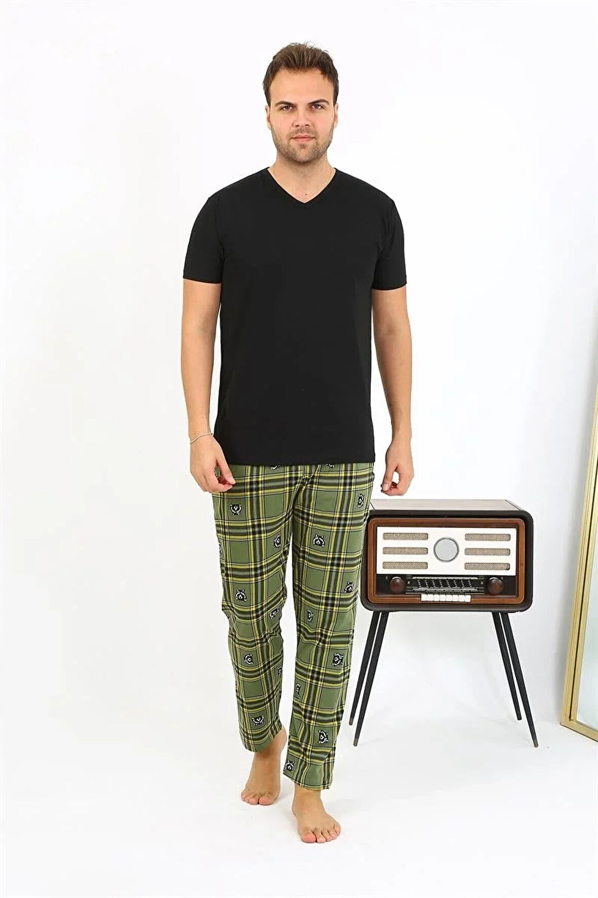 Moda Erkek Ekoseli Desen Penye Tek Alt Pijama Haki