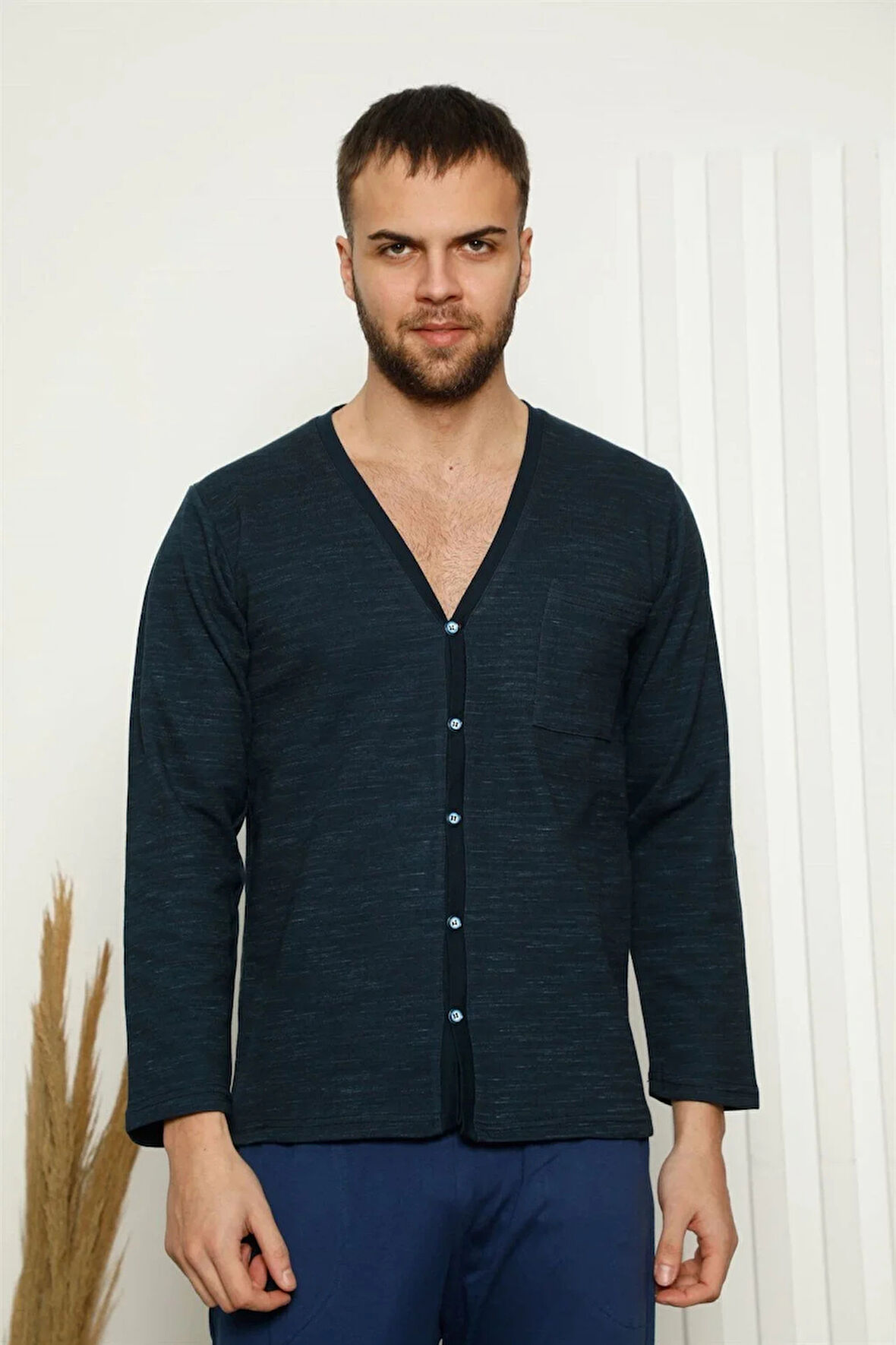 Moda Erkek %100 Pamuk Önden Düğmeli Cepli Uzun Kollu Pijama Takımı Lacivert