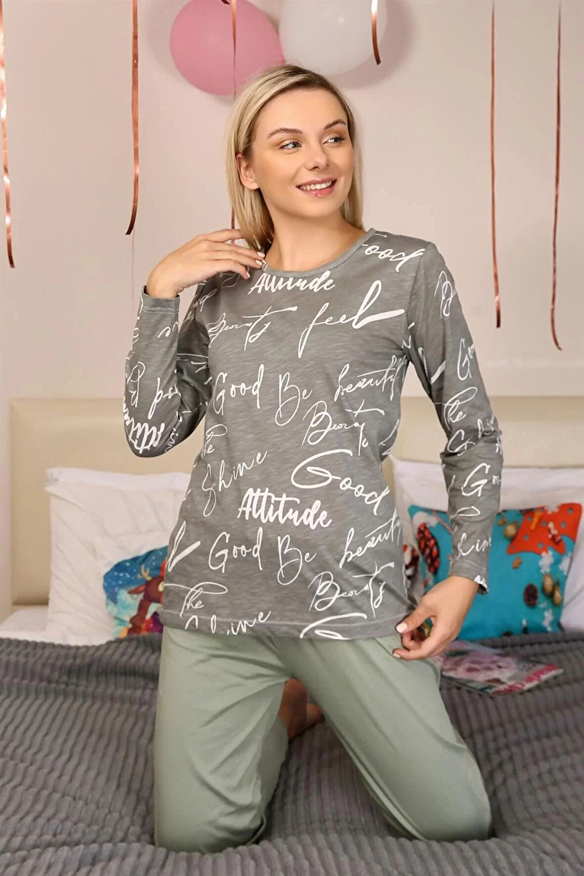 Moda Kadın Uzun Kol Penye Pijama Takım Füme