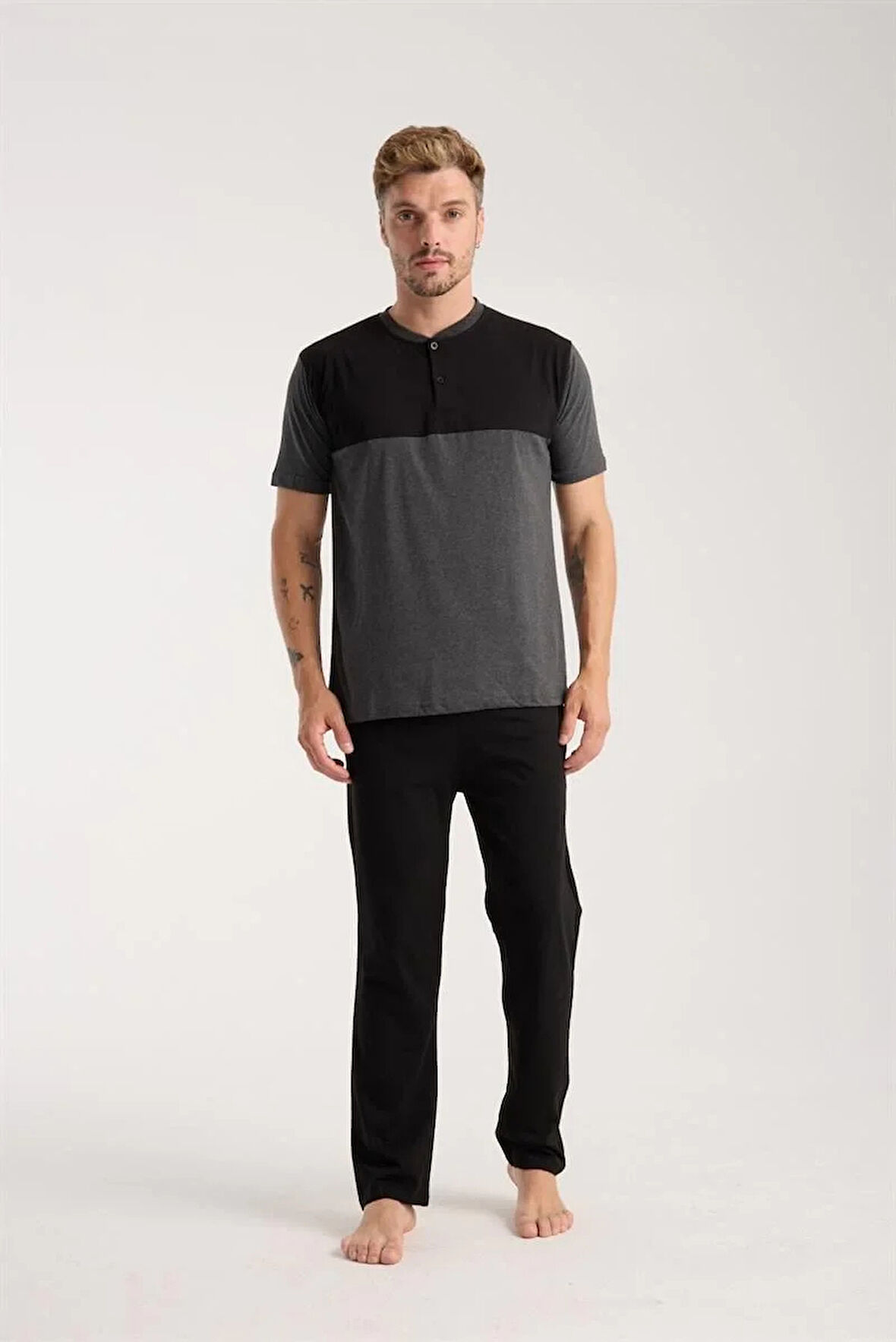 Moda Erkek Antrasit Düğmeli Yaka Kısa Kol Pijama Takımı