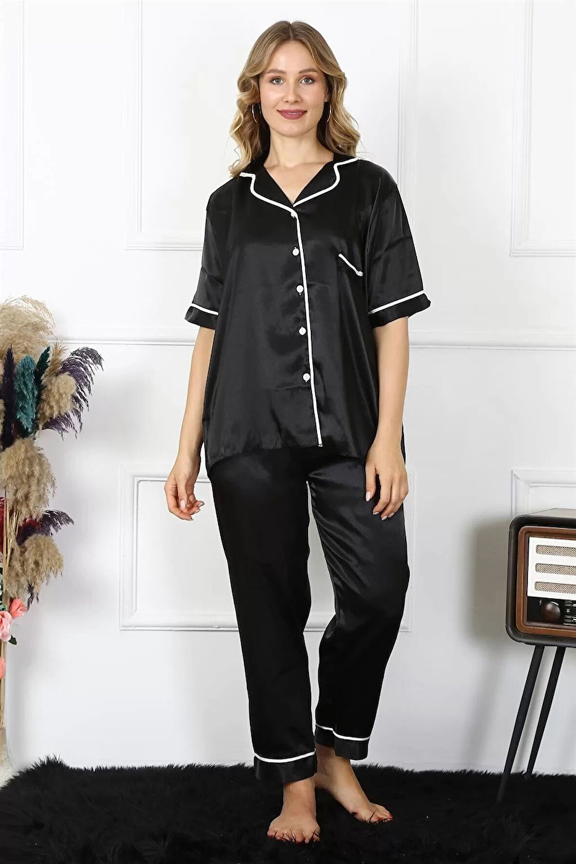 Moda Kadın Büyük Beden Siyah Saten Pijama Takımı