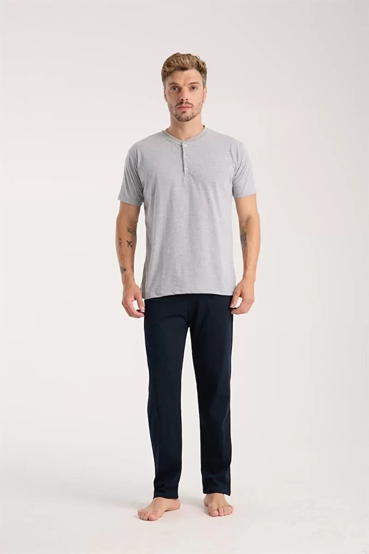 Moda Erkek Gri Düğmeli Yaka Kısa Kol Pijama Takımı