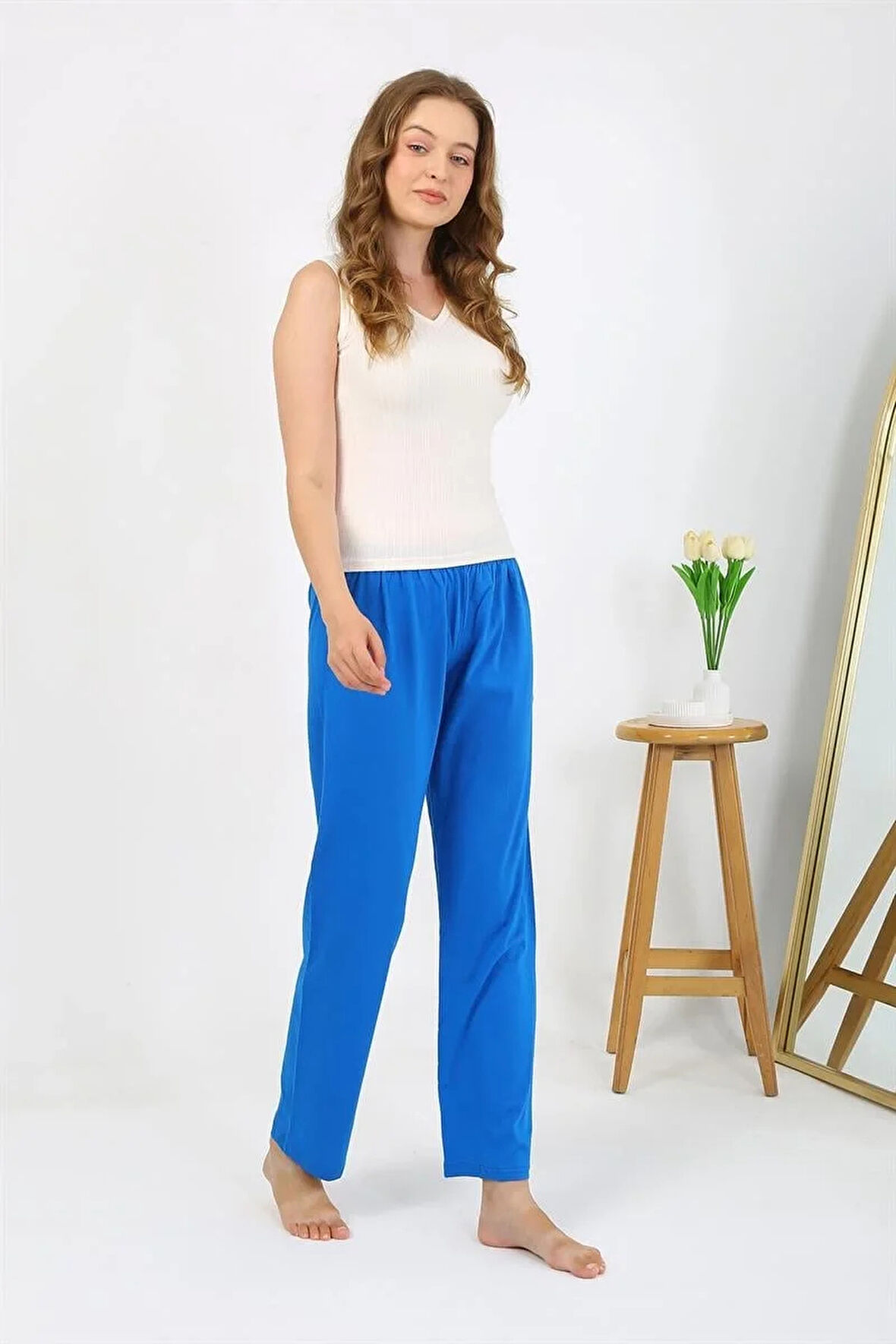 Moda Kadın Penye Düz Tek Alt Pijama Mavi