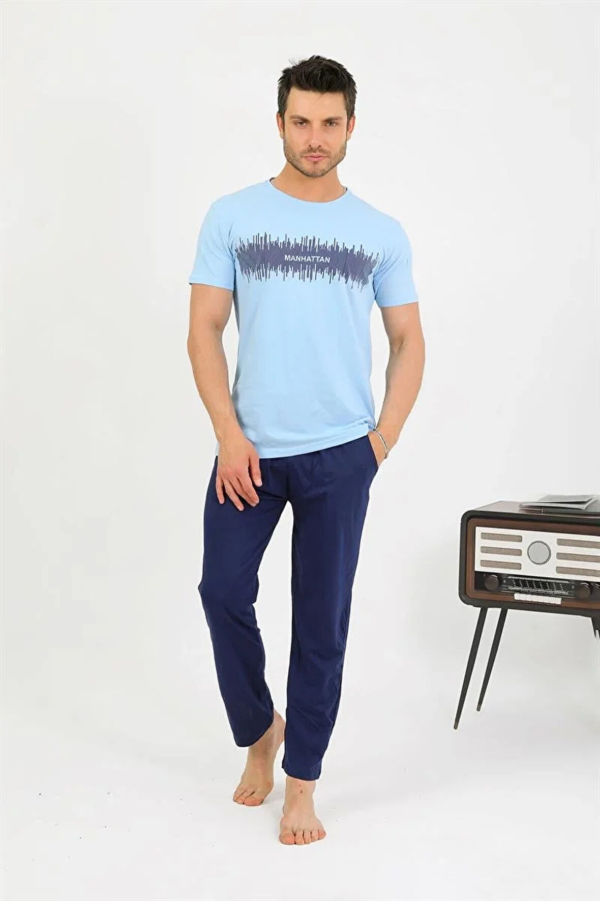 Moda Erkek Pamuk Kısa Kol Pijama Takım Mavi