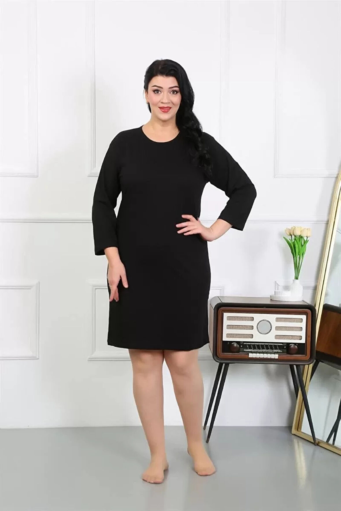 Moda Kadın Büyük Beden Penye Gecelik Ev Elbisesi Siyah