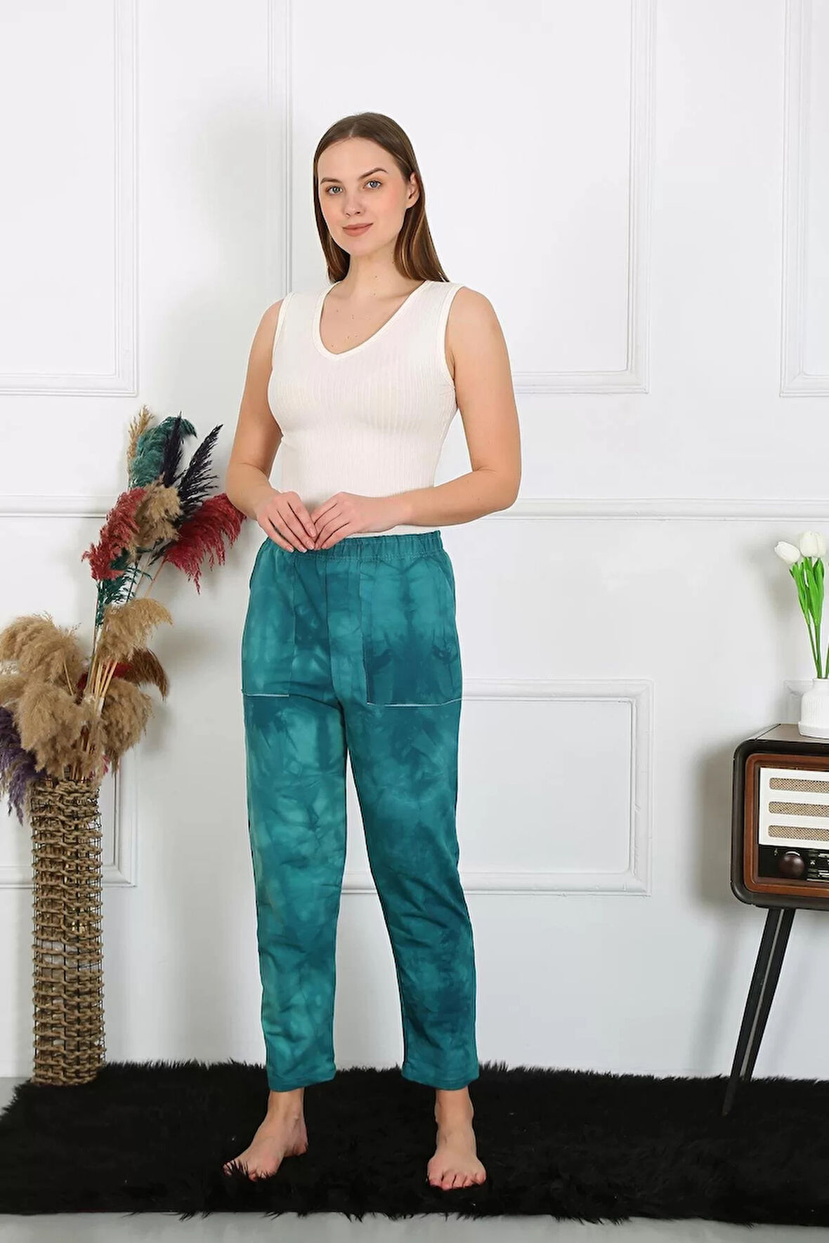 Moda Kadın Pamuk Cepli 3 İplik Alt Eşofman Turkuaz