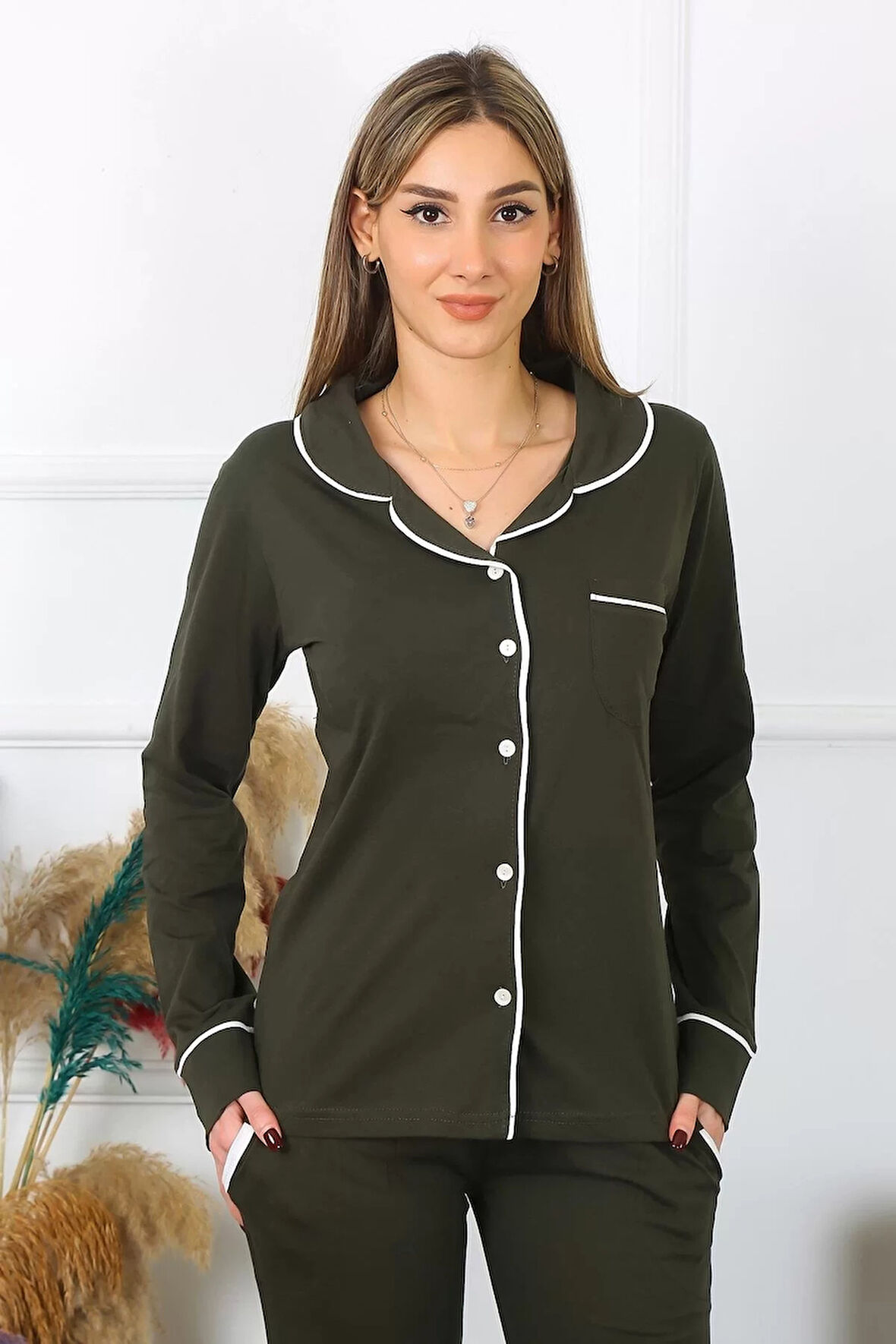 Moda Kadın Pamuk Penye Önden Düğmeli Uzun Kol Haki Pijama Takım