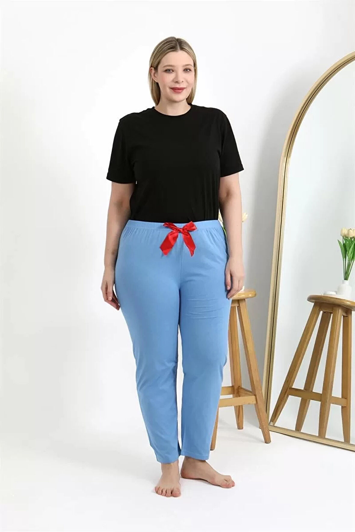Moda Kadın Pamuklu Büyük Beden Alt Pijama Mavi