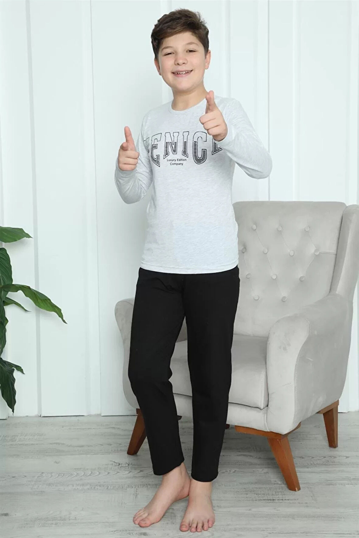 Moda Erkek Çocuk Penye Pijama Takım Gri