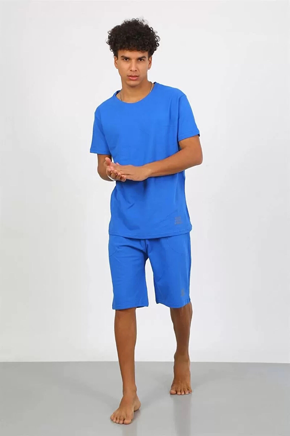 Moda Erkek Pamuk Lakost Alt Üst Kaprili Pijama Takım Saks