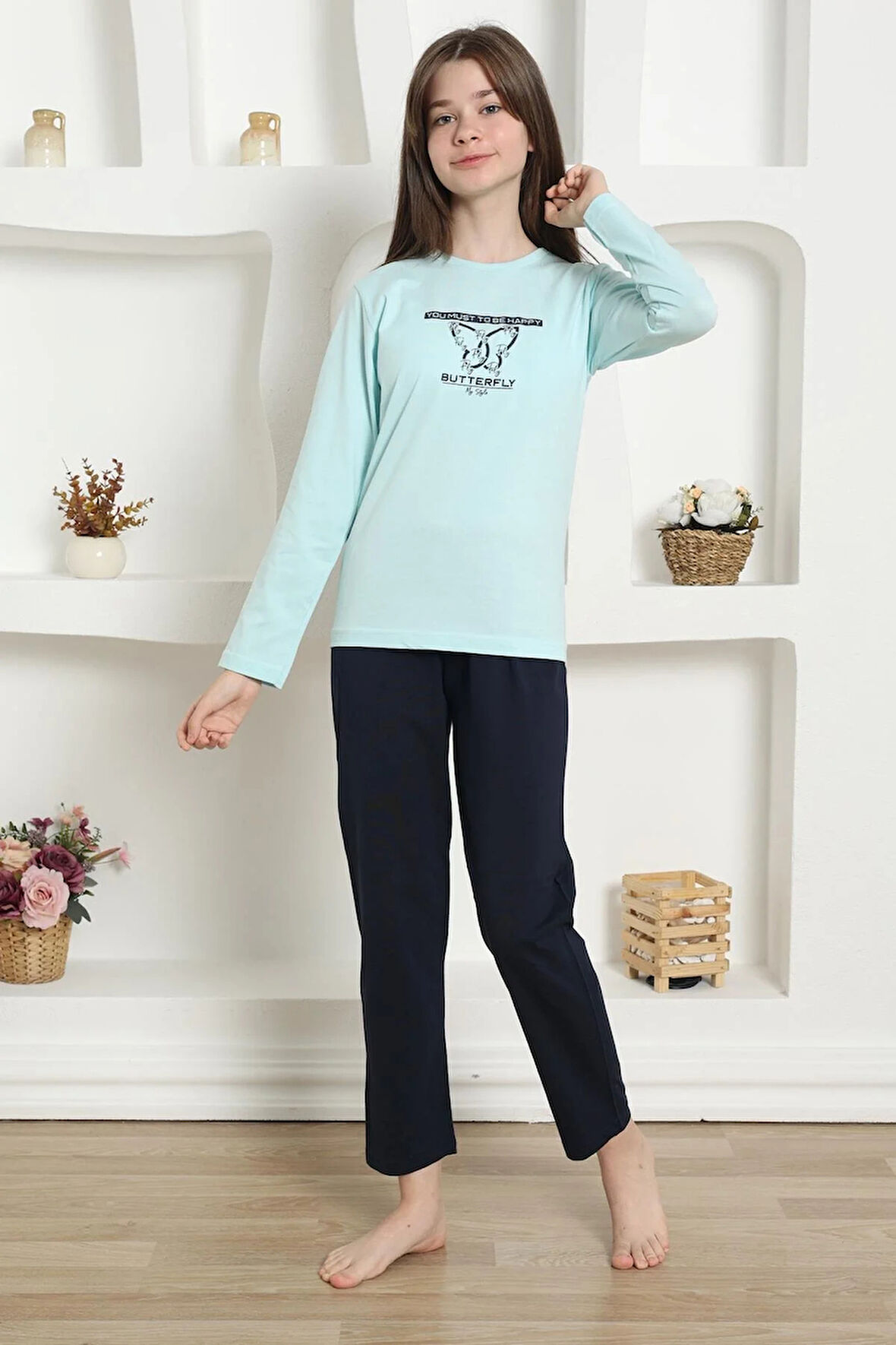 Moda Kız Çocuk Penye Pijama Takım Su Yeşili