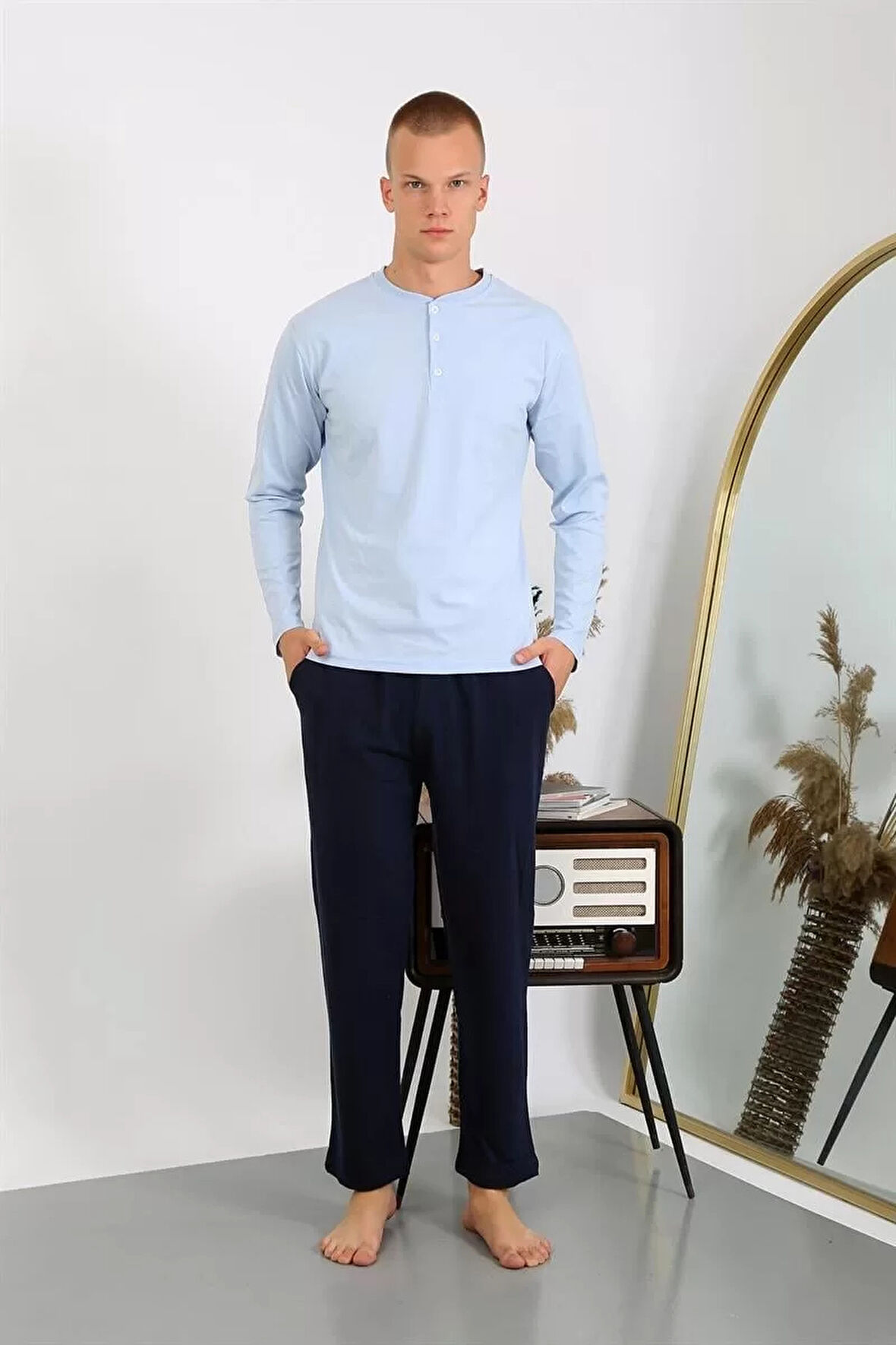 Moda Erkek Penye Uzun Kol Pijama Takımı Buz Mavisi