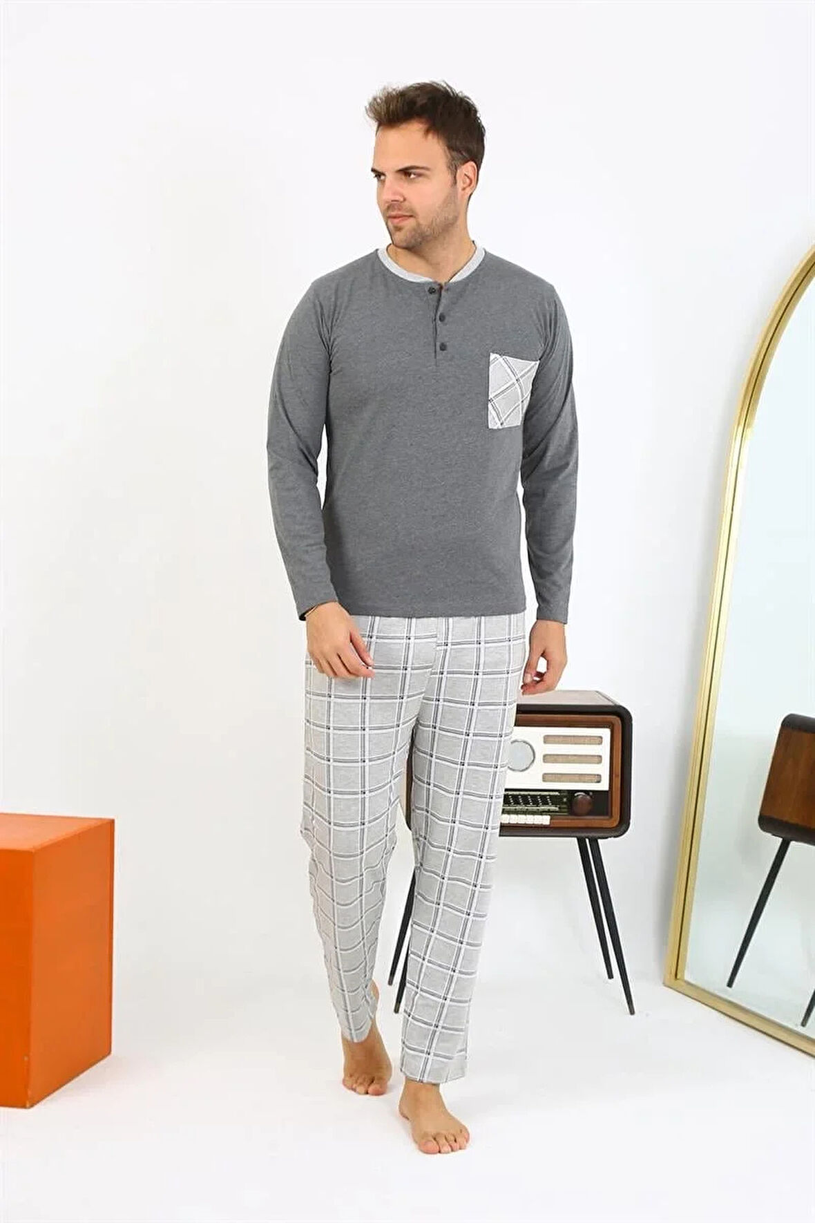Moda Erkek Uzun Kol Penye Antrasit Pijama Takımı