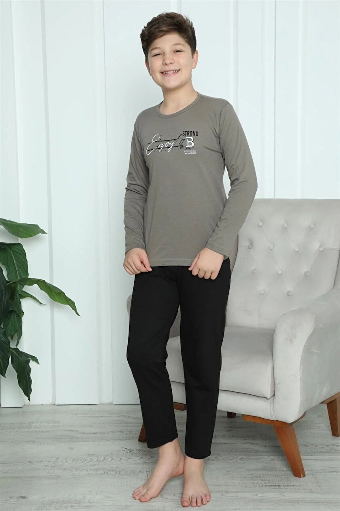 Moda Erkek Çocuk Penye Pijama Takım Vizon