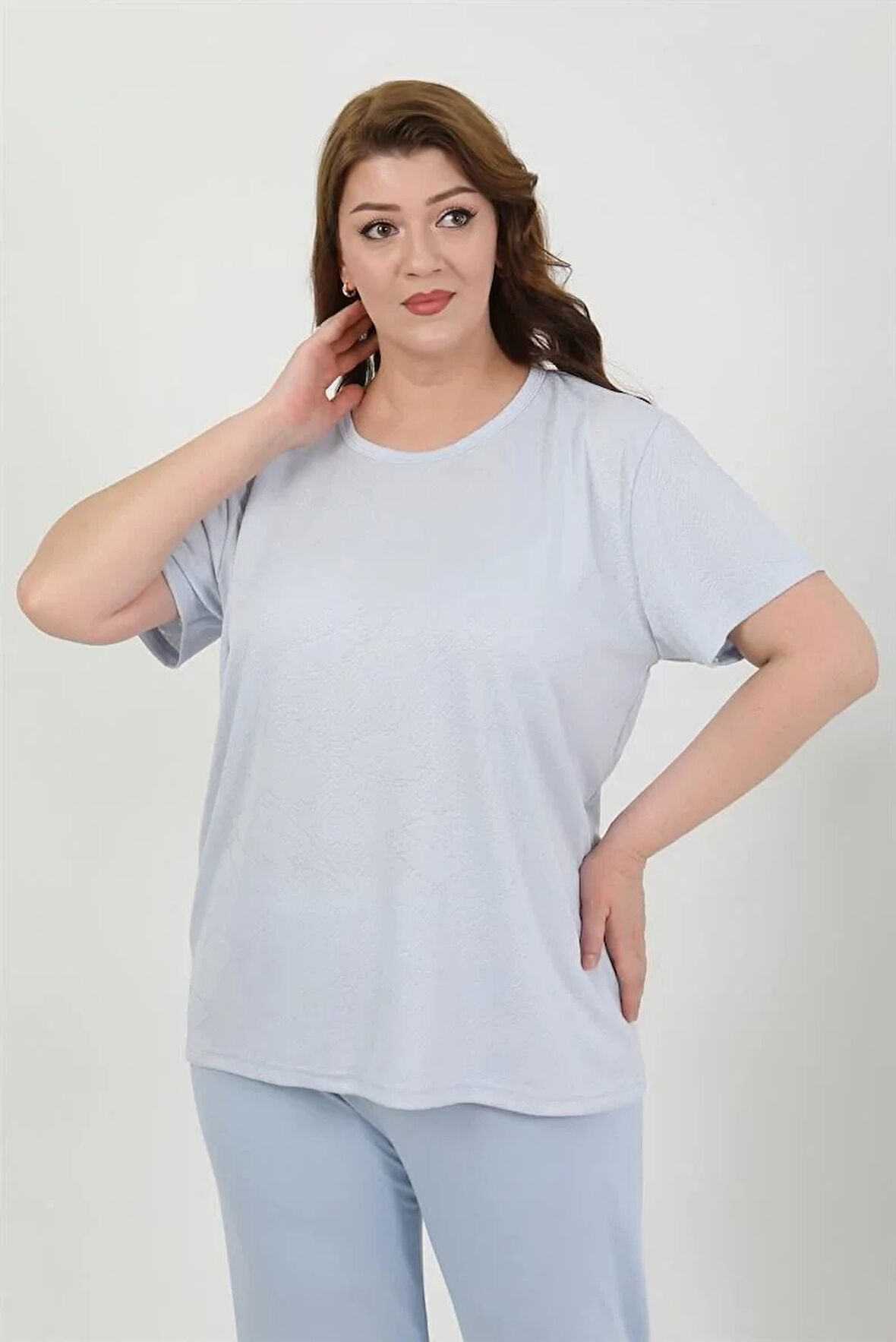 Moda Kadın Büyük Beden Kısa Kol Penye Pijama Takımı Mavi