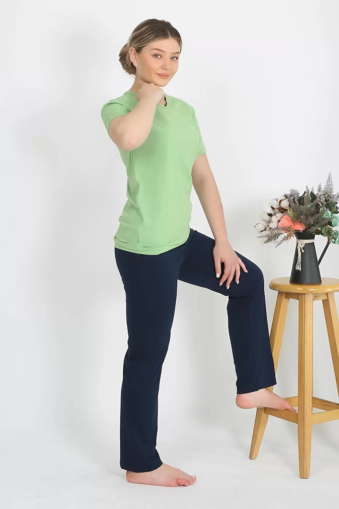 Moda Kadın Kısa Kol Pamuk Penye Pijama Takım Fıstık Yeşili